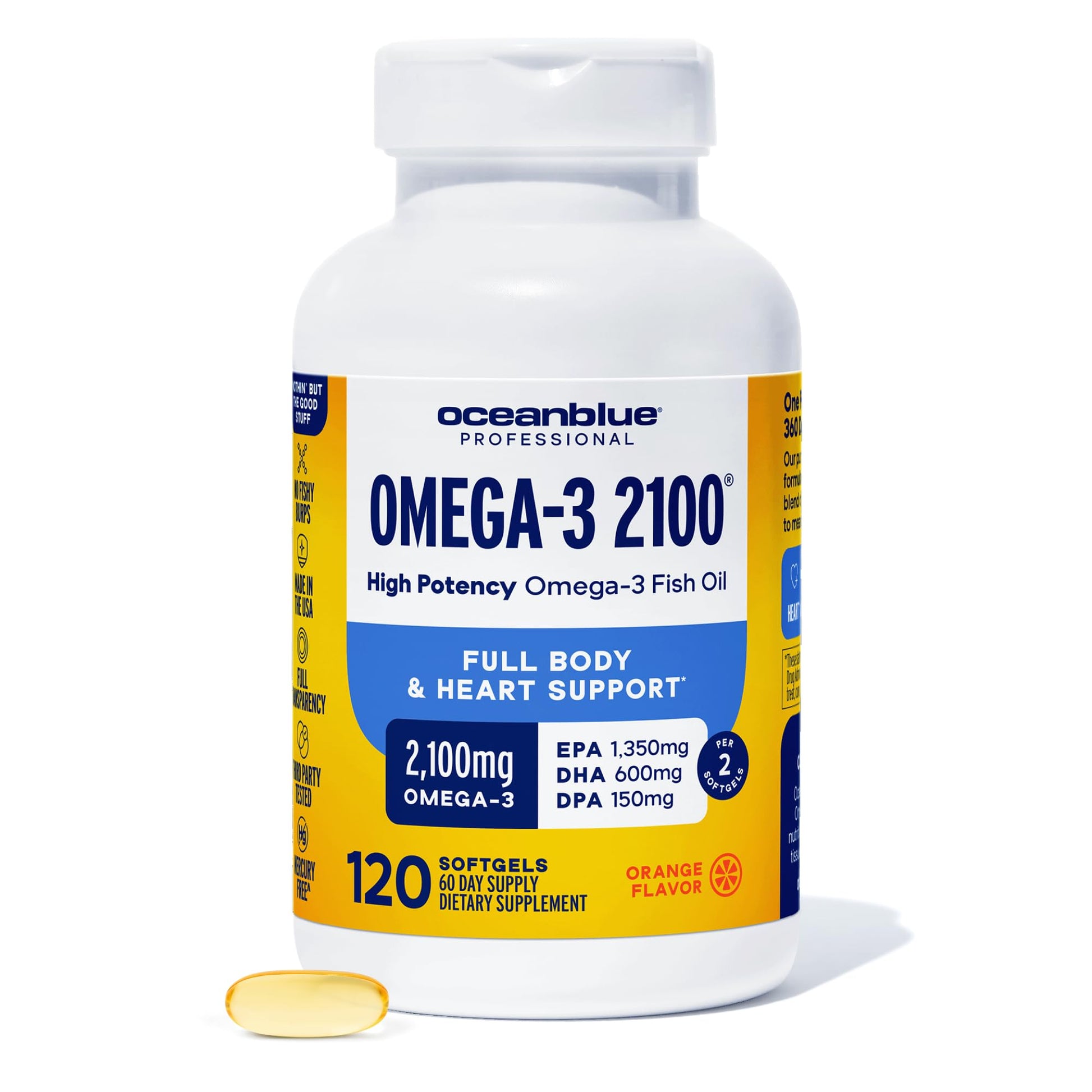Oceanblue Omega-3 2100 Triple Strength DPA EPA DHA Burpless Wild Caught Fish Oil Orange Flavor Softgels 120