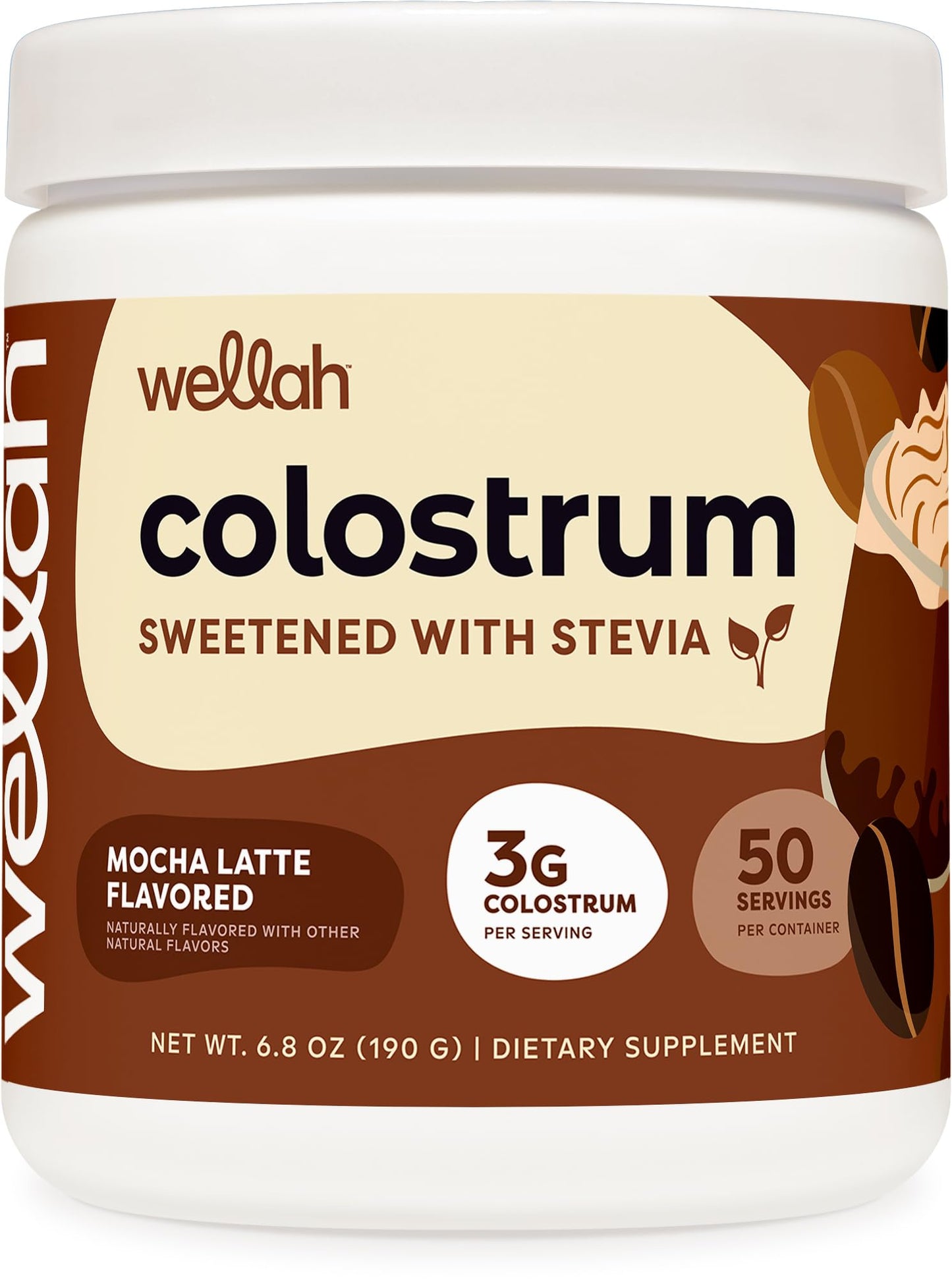 Wellah Colostrum Powder (Mocha Latte) 50 Servings, 3g Per Serving, 6.8 Ounce