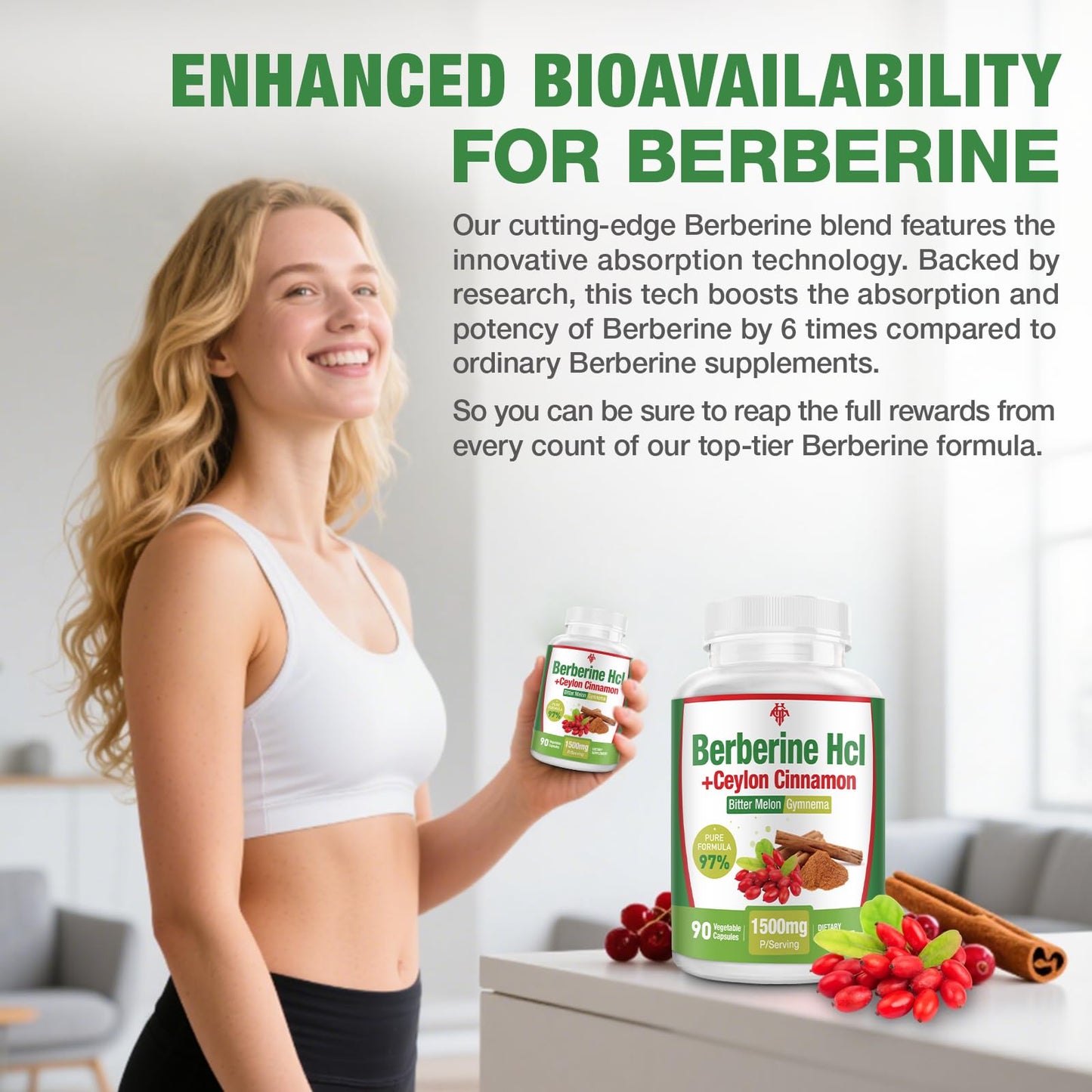 CHANUBITO Berberine Capsule 1500mg HCl 97% Purity with Pure Ceylon Cinnamon, Non-GMO, 90 Count