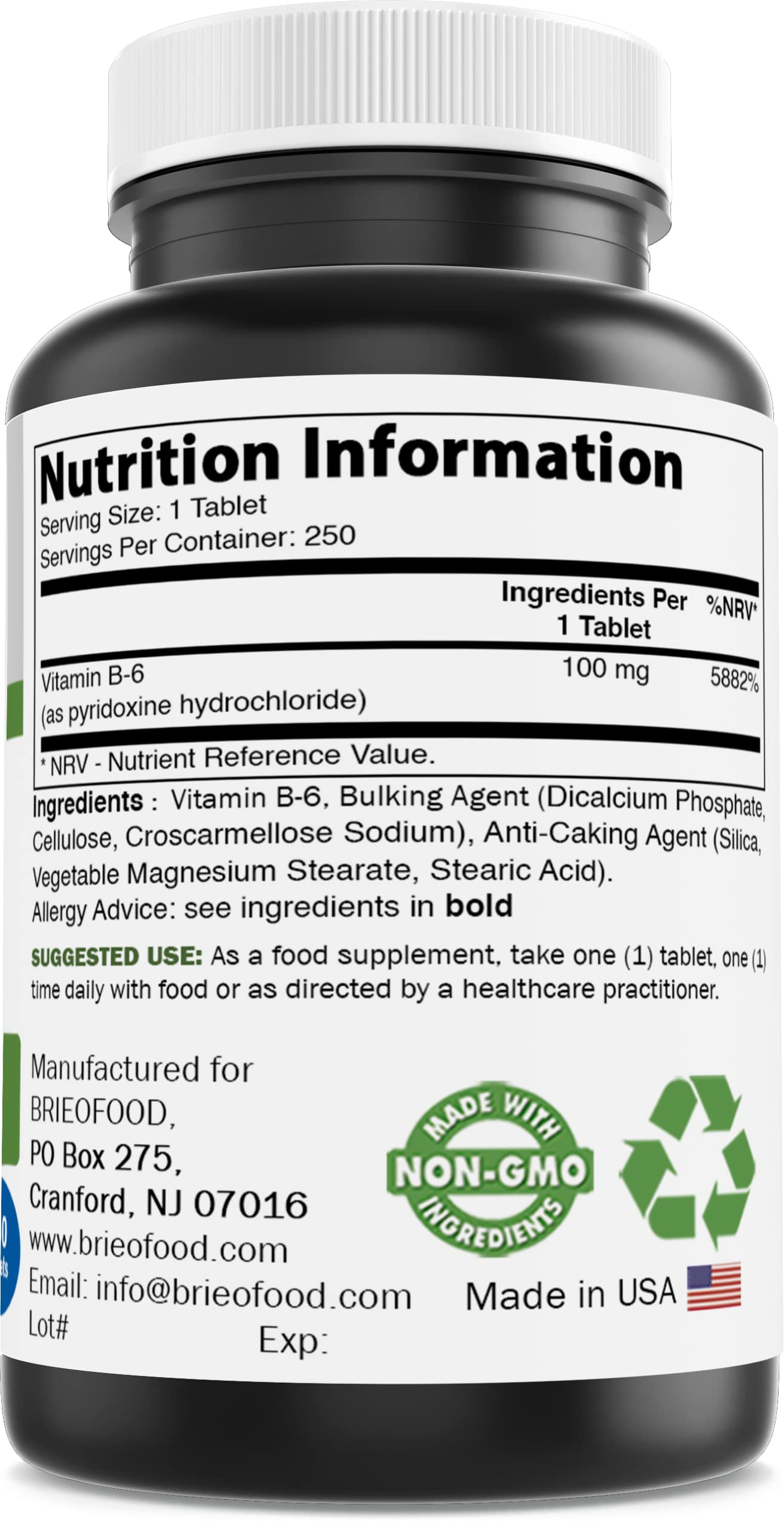 Brieofood Vitamin B6 100 mg Tablet, 250 Tablets
