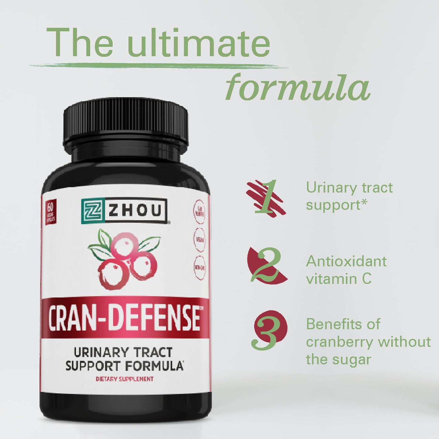 ZHOU Cran-Defense Cranberry Pills with D-Mannose, 1000 mg D-Mannose Per Capsule, Urinary Tract Health, Antioxidant Support, 60 Capsules