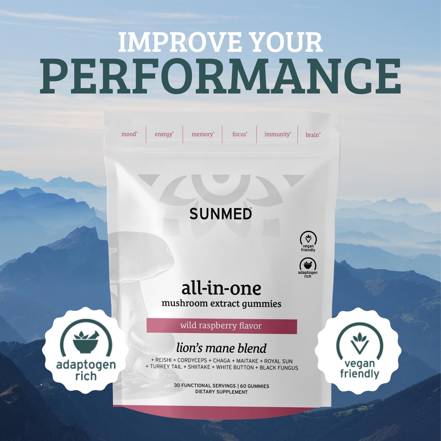 SUNMED All-in-One Mushroom Gummy Supplements, 10 Functional Mushrooms (Lion’s Mane, Reishi, Cordyceps, Chaga), Wild Raspberry Flavor, 60 Gummies