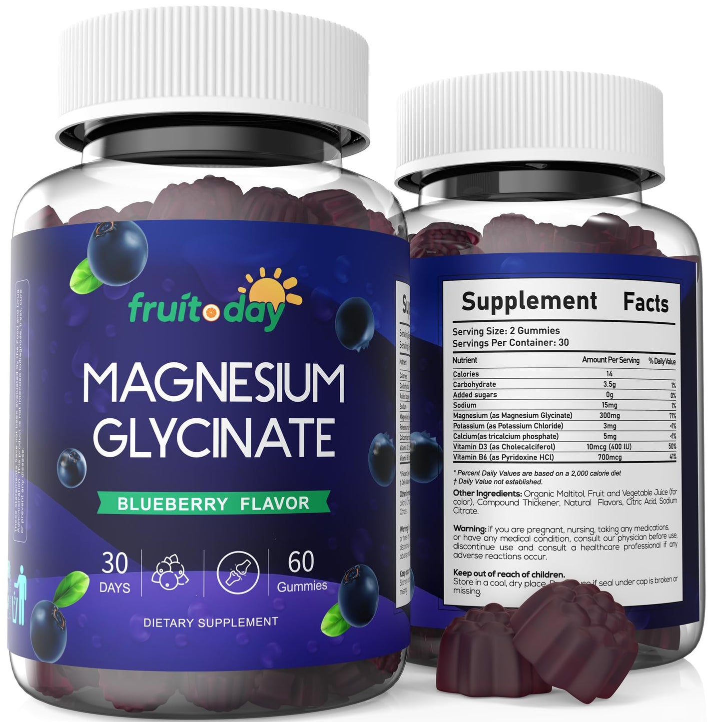 Fruitoday Magnesium Glycinate Gummies for Adults with Vitamin D3 & B6, Blueberry Flavor, 60 Count