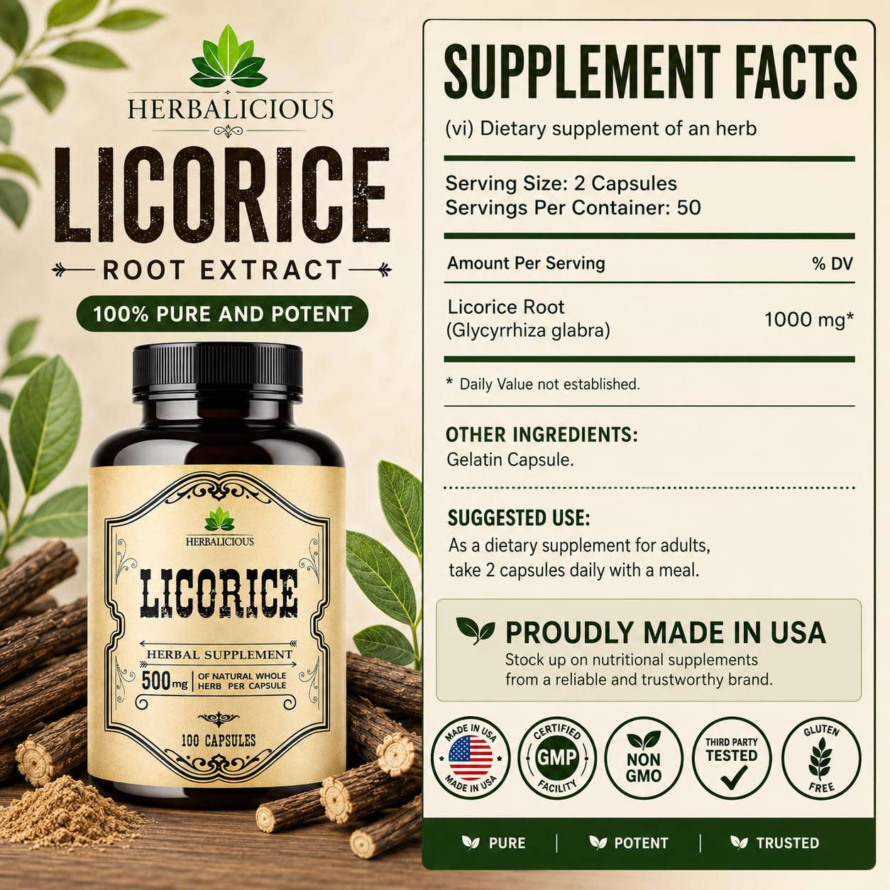 HERBALICIOUS DGL Licorice Root Capsules 100 Count