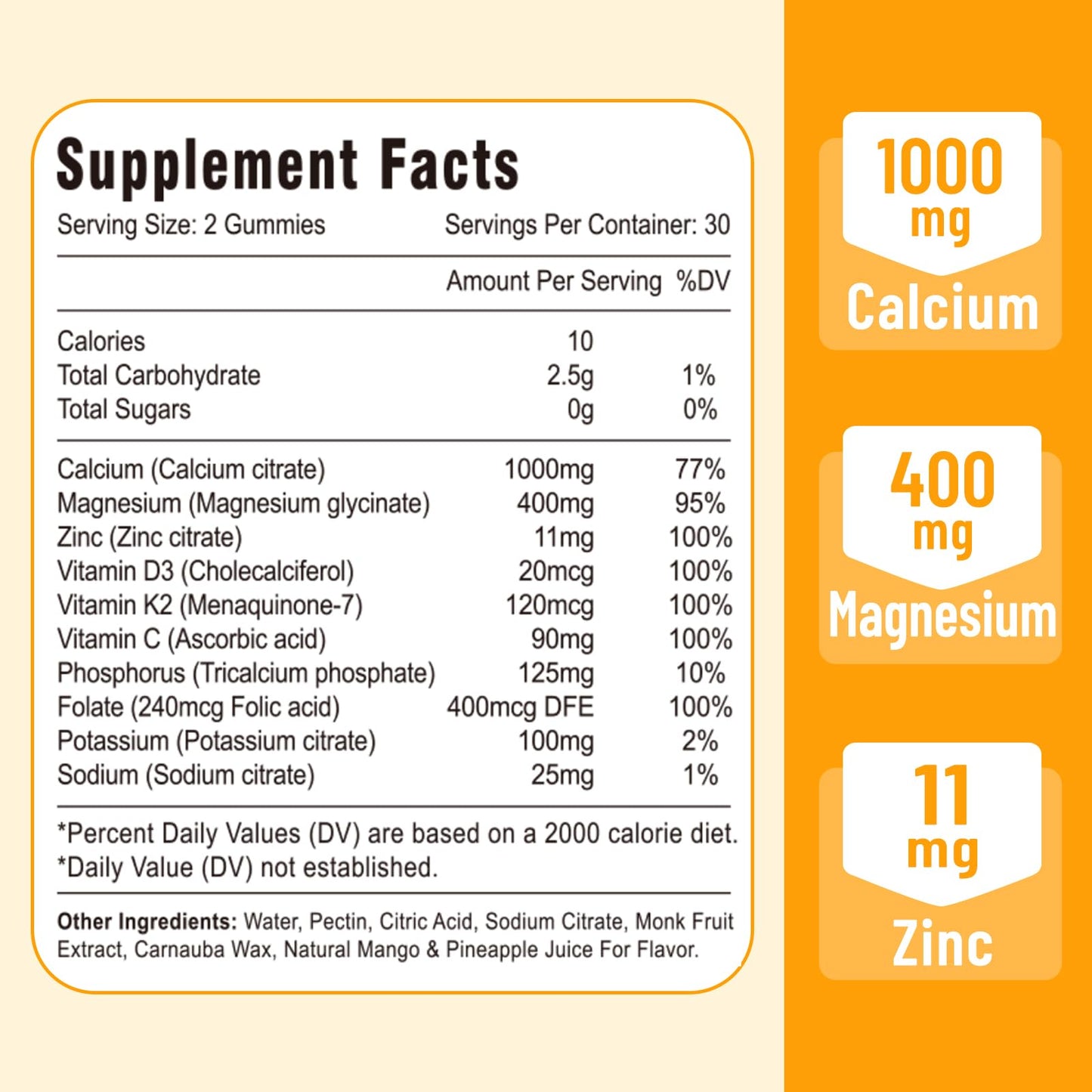 Vazatisi Calcium Magnesium Zinc Gummies with Vitamin D3 and K2, High Absorption Magnesium Glycinate Potassium for Immune Support and Calm Mood, Vegan Mango Pineapple Flavor, 120 Gummies
