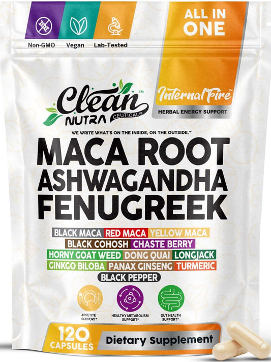 Clean Nutraceuticals Ashwagandha Maca Root Fenugreek Supplement with Tongkat Ali Ginseng Capsules 120 Count