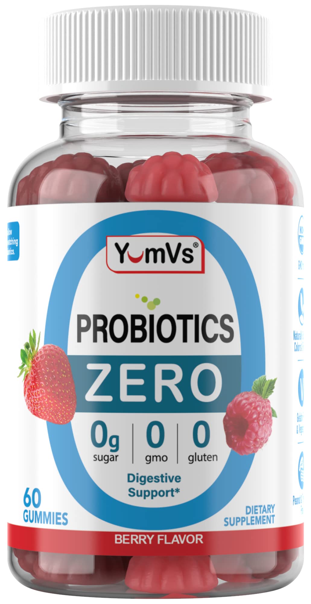 YUM-V'S Sugar Free Probiotic Gummies 5 Billion CFU Bacillus Coagulans, Vegan & Gluten-Free, 60 Count