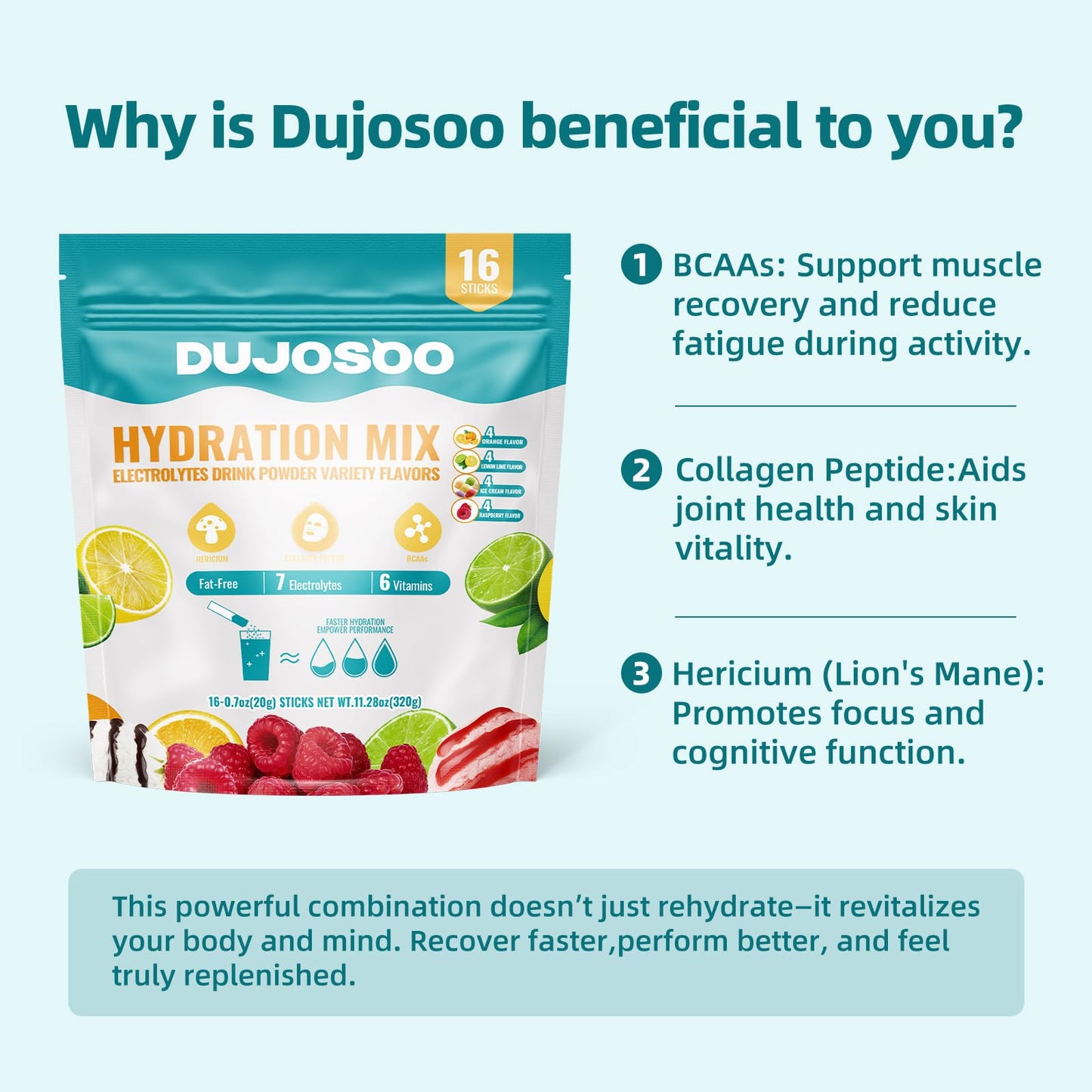 Dujosoo Electrolyte Powder, Sugar-Free Variety Flavors, Orange, Lemon, Raspberry, Ice Cream, 7 Electrolytes, 6 Vitamins, Lion's Mane, Collagen, BCAA, Vegan, Non-GMO, 11.36 oz