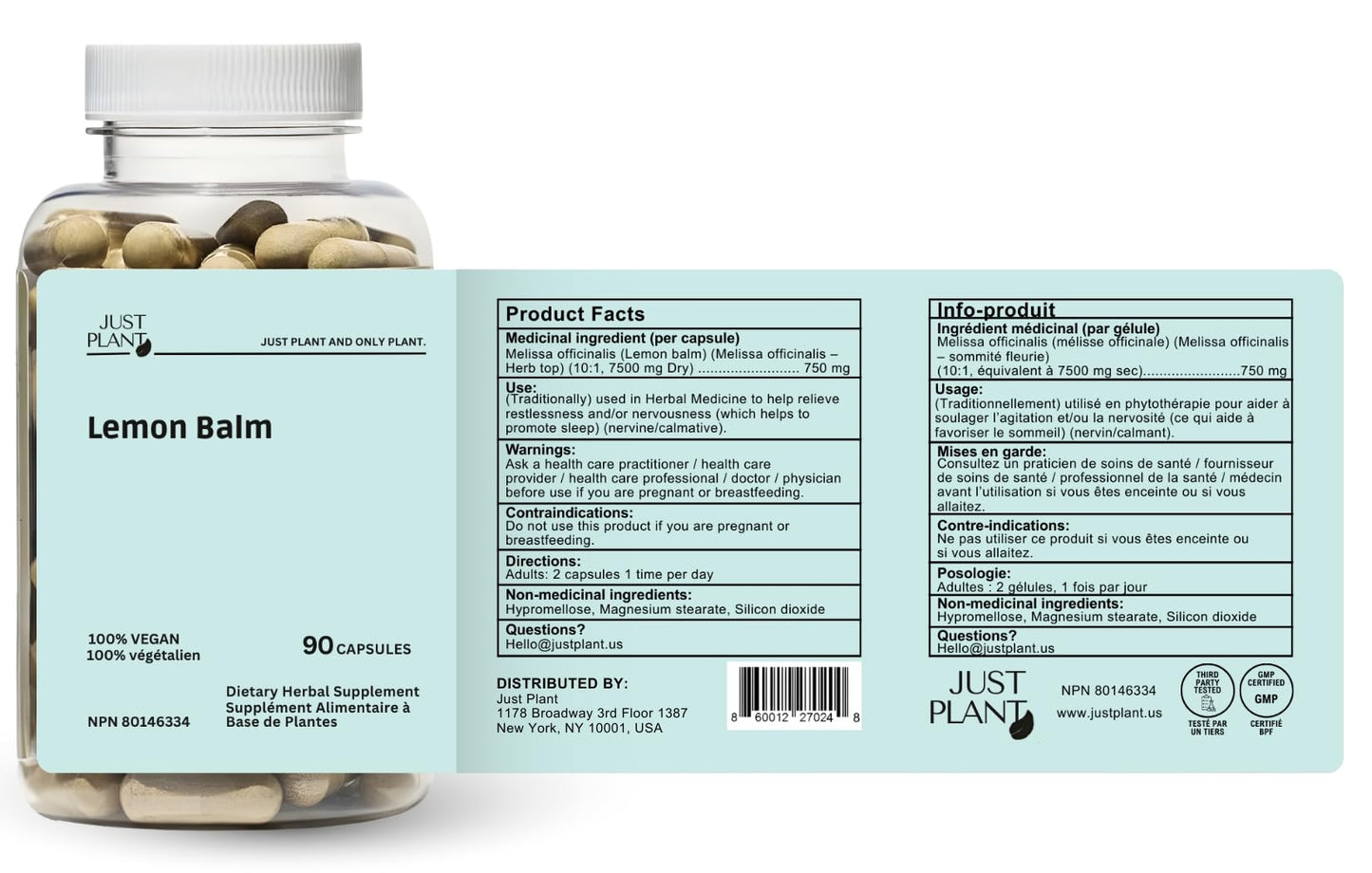 Just Plant Lemon Balm 750 mg Capsule, 90 Count
