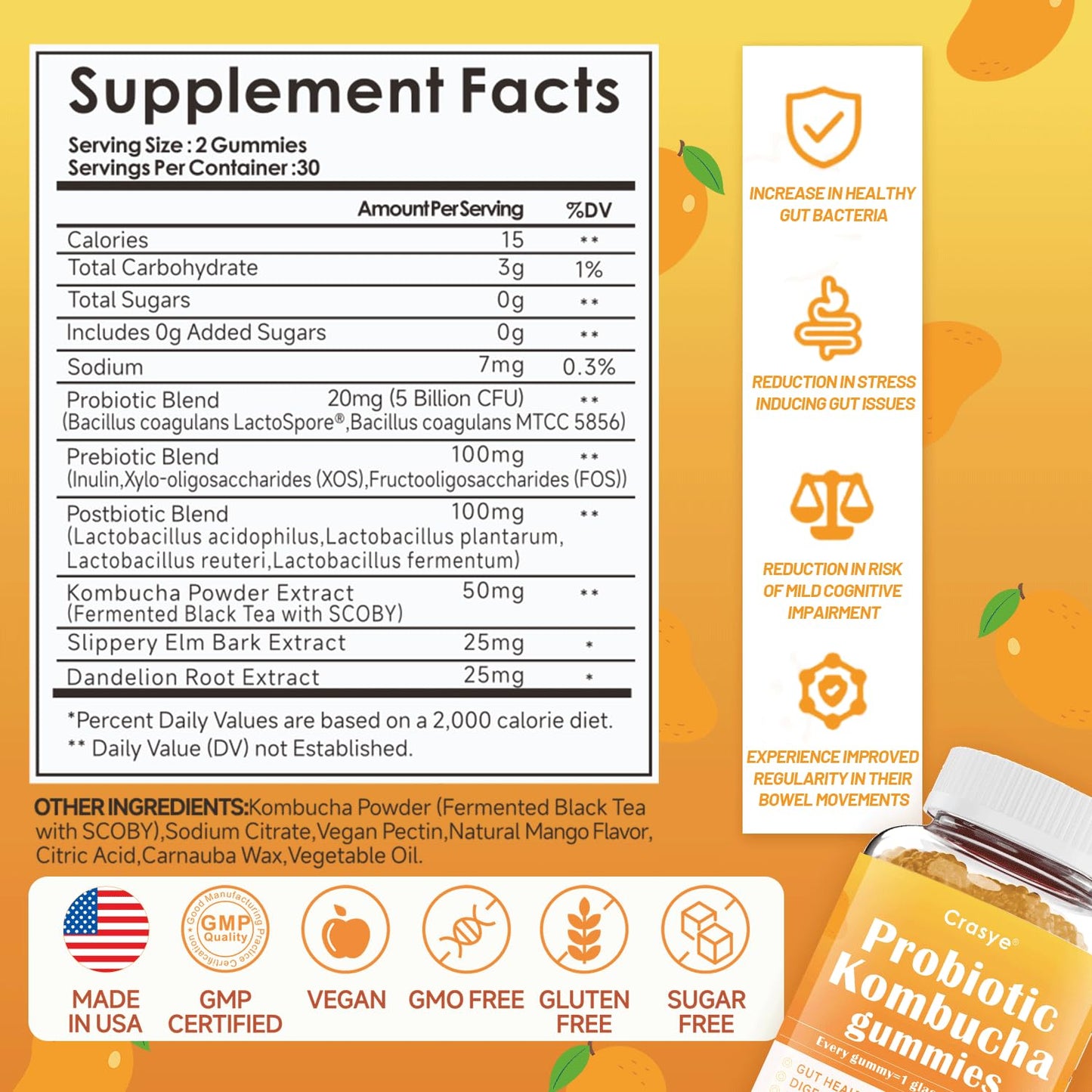 Crasye Probiotic Kombucha Gummies Sugar Free Prebiotic Postbiotic Probiotics with Slippery Elm for Women and Men, Gut Health & Immune Support, 60 Gummies