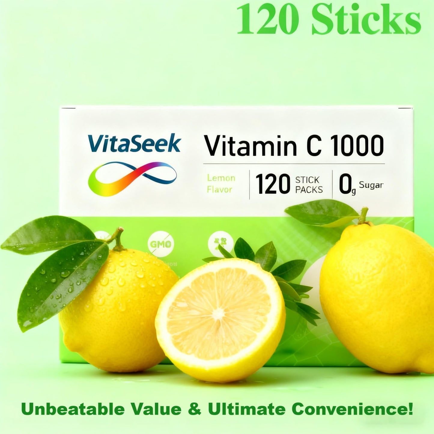 VitaSeek Vitamin C Powder Packets, Sugar Free Lemon Flavor, 120 Packets