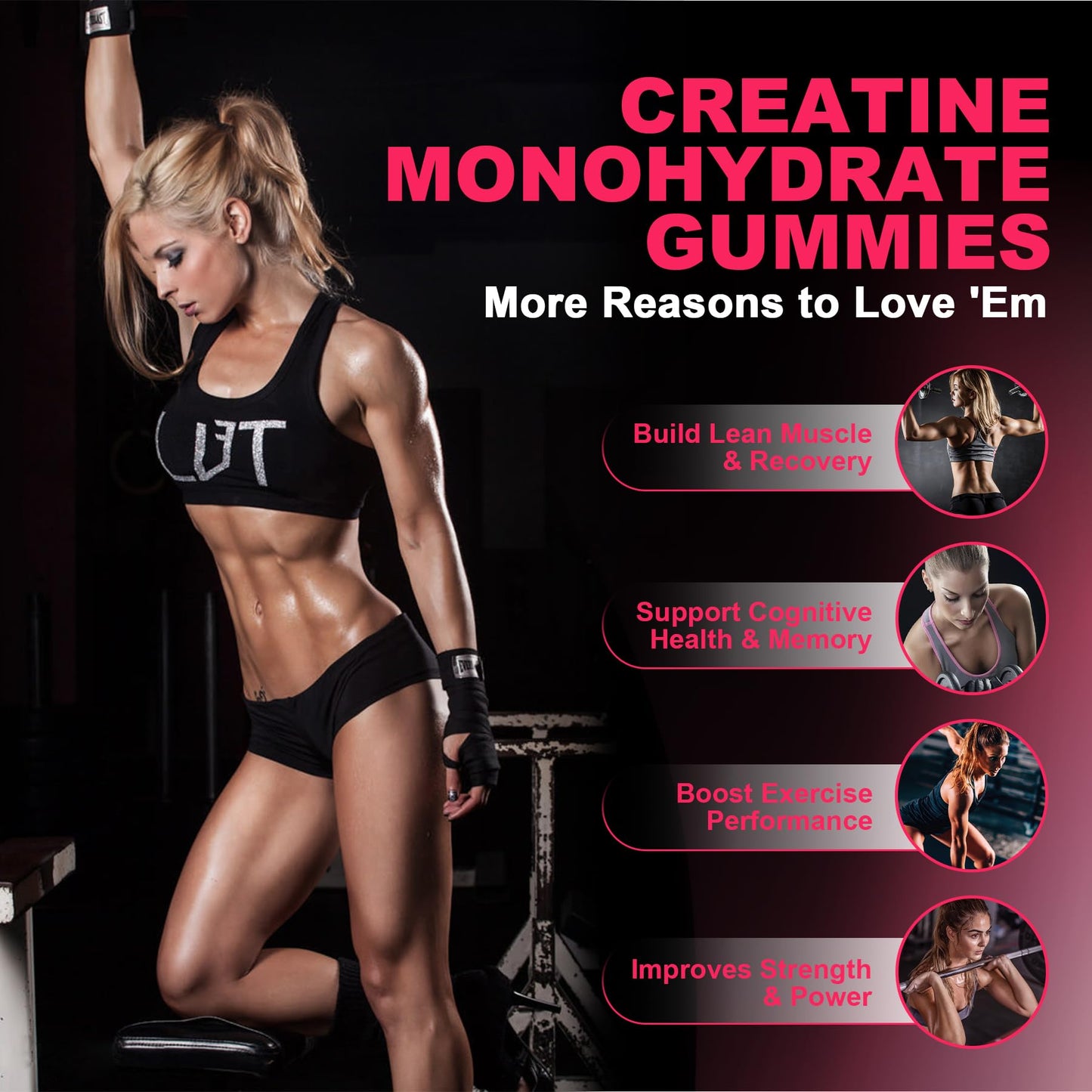 LanranBee Creatine Monohydrate Gummies for Women with Collagen, BCAA, L-Carnitine & Taurine – Strawberry Flavor, Sugar Free, 120 Count