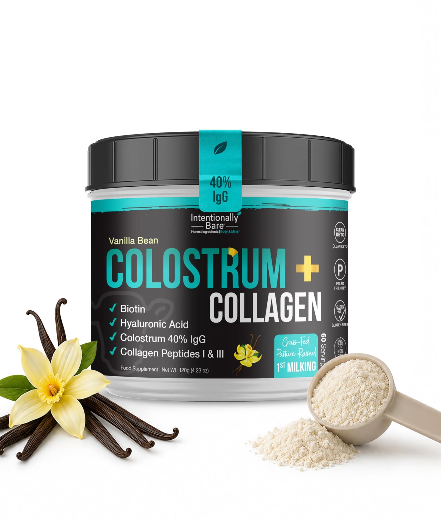 Intentionally Bare Colostrum Powder First Milking Vanilla Bean, 4.23 oz