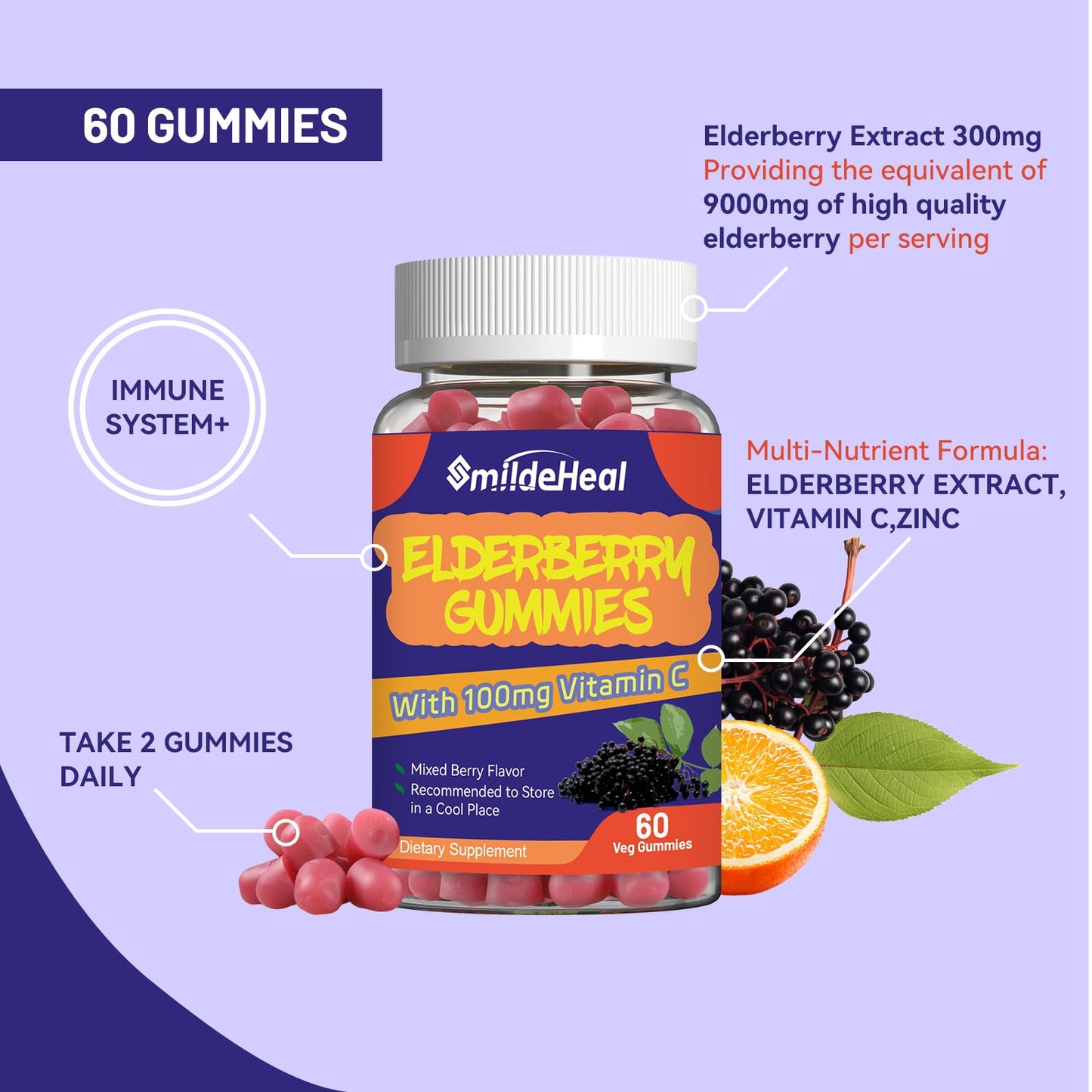 SmildeHeal Elderberry Gummies with Vitamin C and Zinc, 60 Gummies