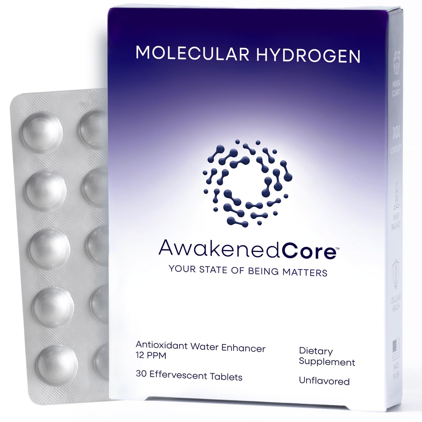 AwakenedCore Hydrogen Water Tablets - Molecular H2 Magnesium 12 PPM - 30 Count