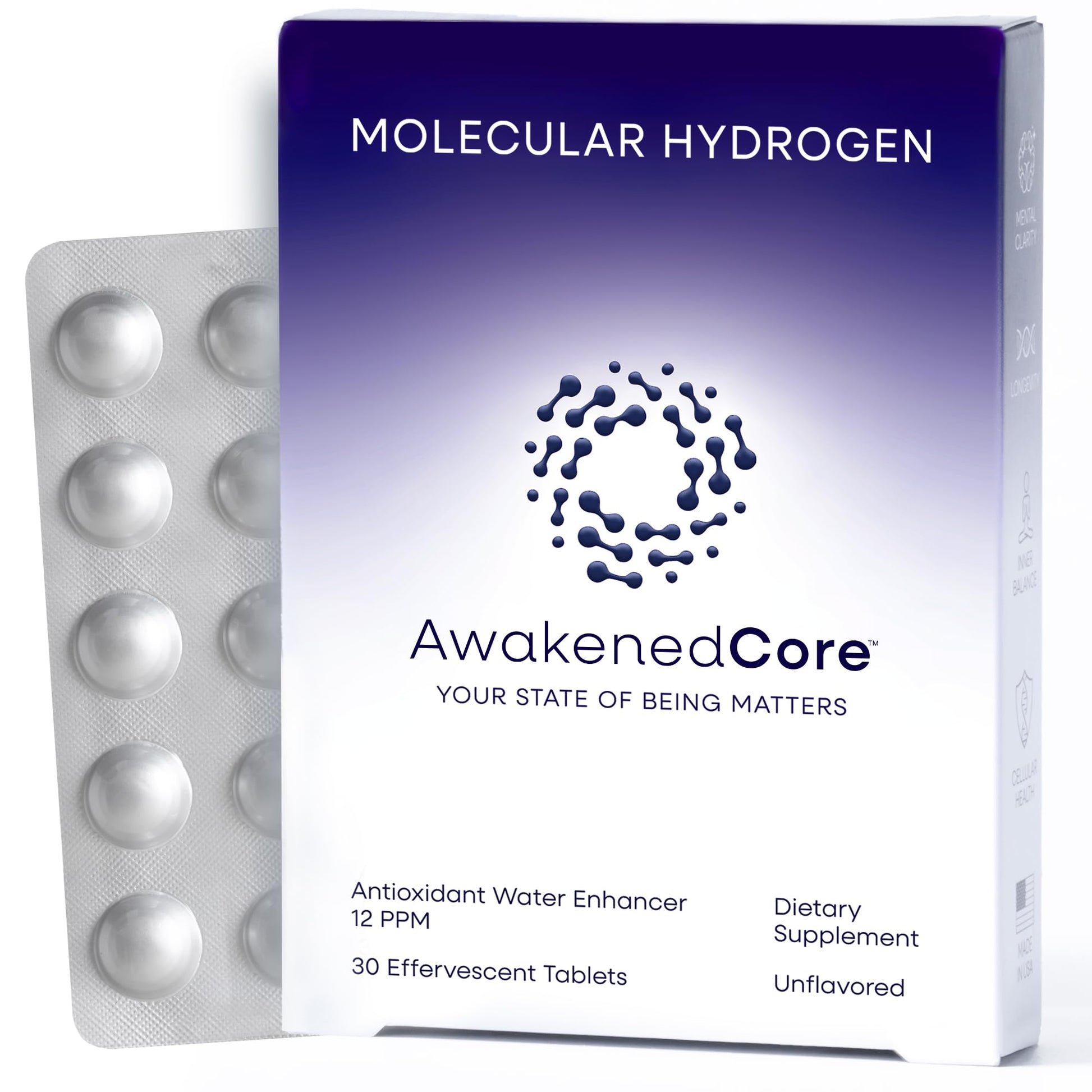AwakenedCore Hydrogen Water Tablets - Molecular H2 Magnesium 12 PPM - 30 Count