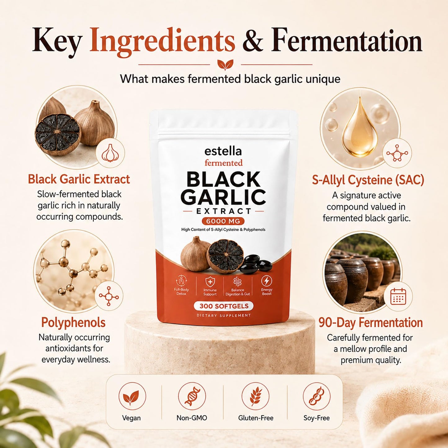 Nitidissima Estella Fermented Black Garlic Extract Tablets, 300 Count