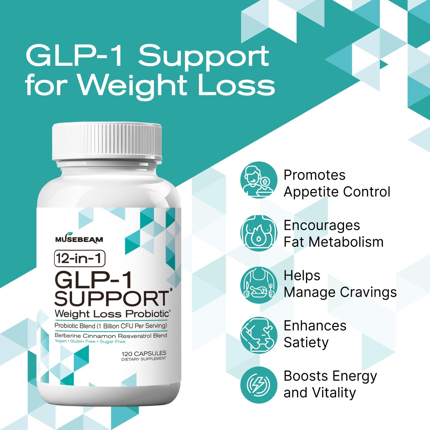 musebeam Probiotic Weight Loss Support Supplement GLP1 Appetite Suppressant with Berberine Capsule, 120 Count