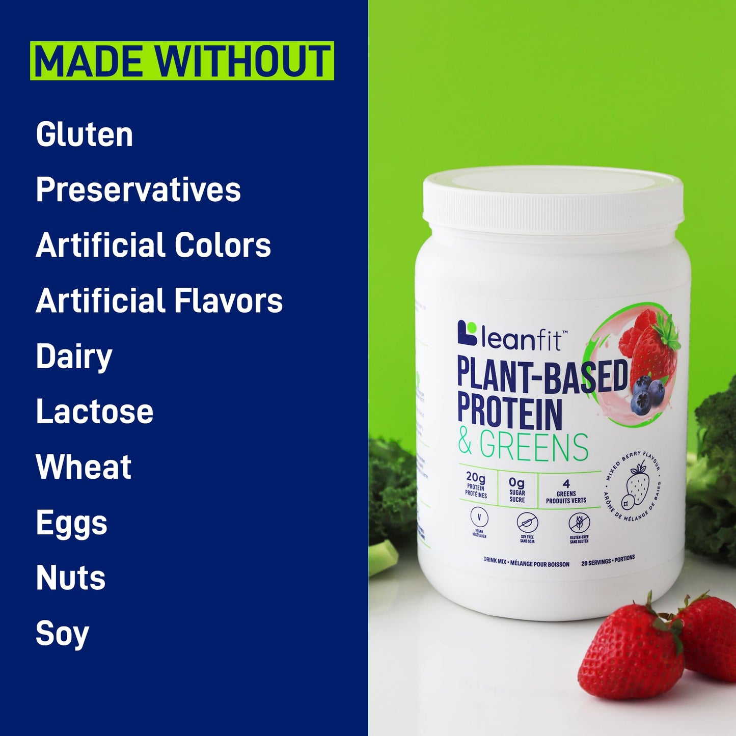 LeanFit Plant-Based Protein & Greens Protein Powder, Natural Berry, 19 Servings, 1.25 lb Tub