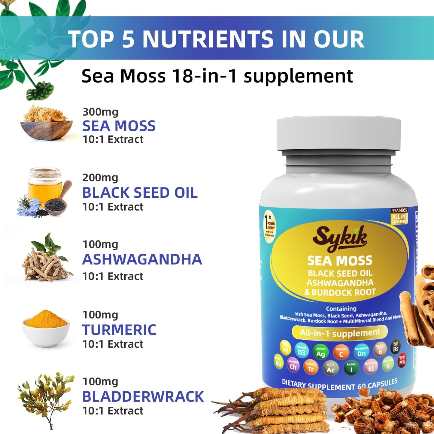 Sykik Sea Moss Black Seed Oil with Ashwagandha, Turmeric, Bladderwrack, Burdock, Vitamins C & D3, Elderberry, Manuka, Dandelion, Yellow Dock, Iodine, Chlorophyll, ACV Capsules 60 Count