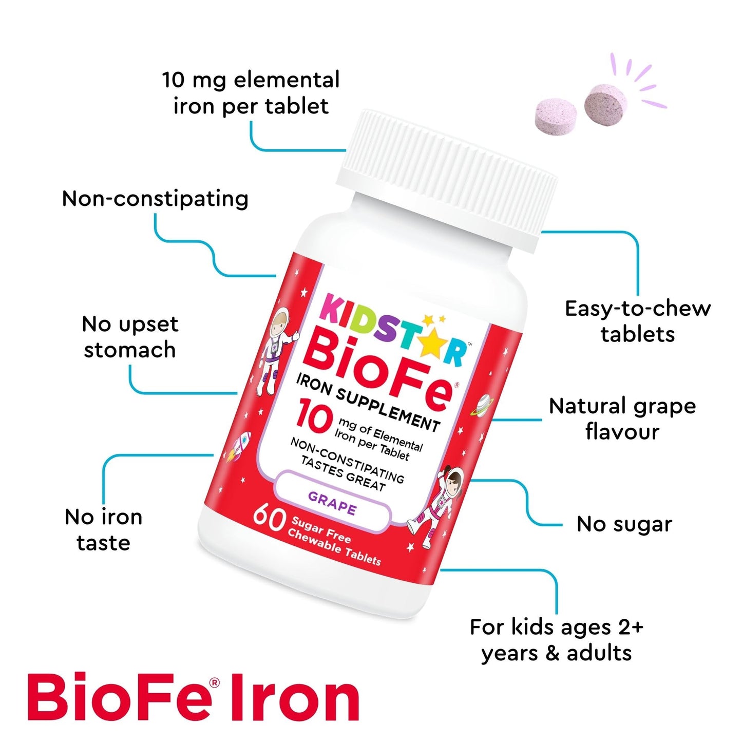 KidStar Nutrients BioFe Pure Iron Chewable Tablets, 60 Tablets