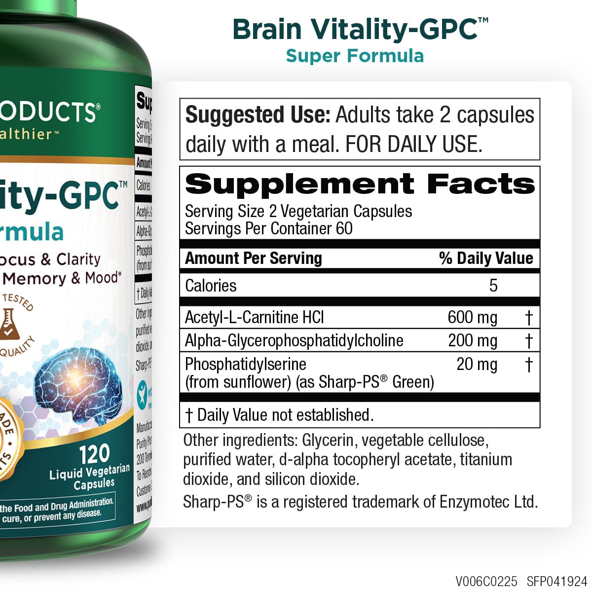 Purity Products Brain Vitality-GPC Super Formula Acetyl-L-Carnitine HCI + Alpha GPC + Phosphatidylserine - Supports Normal Concentration and Mental Clarity, 120 Capsules