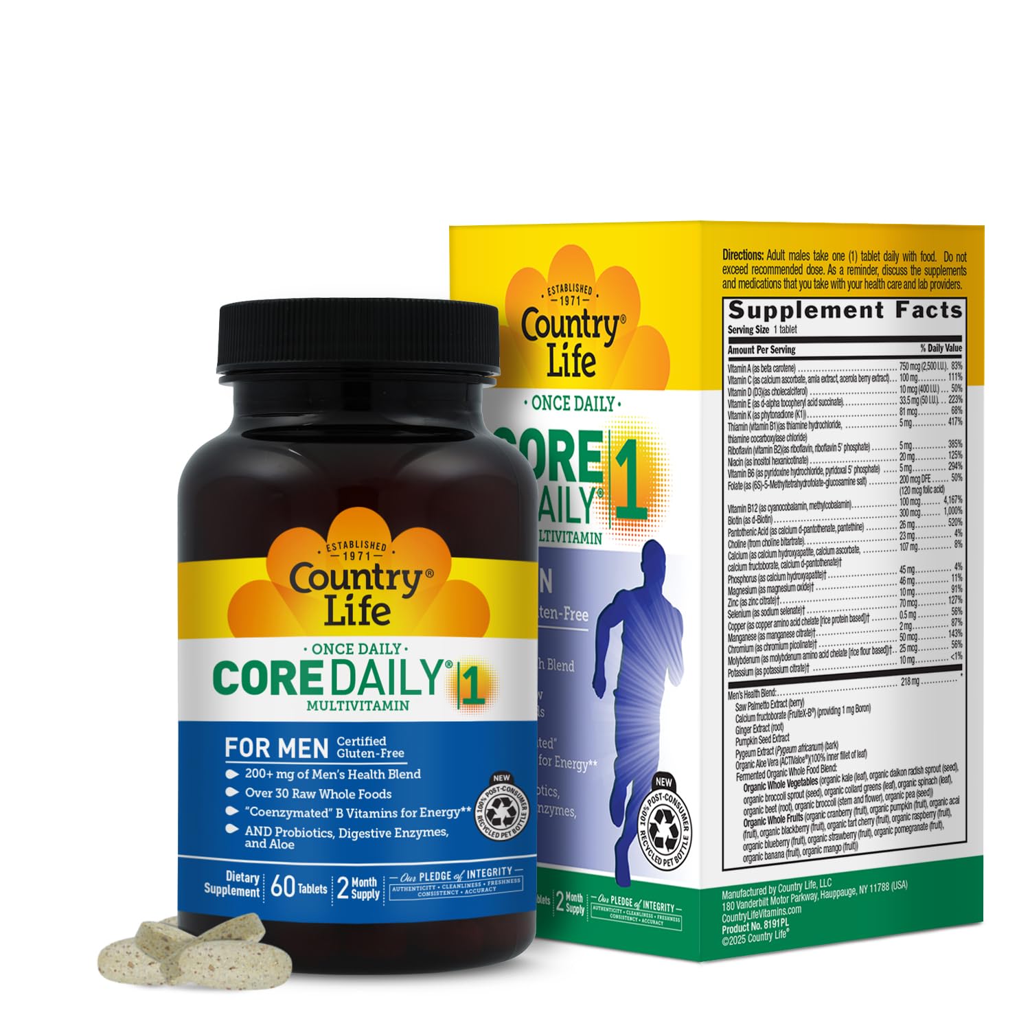Country Life Core Daily-1 for Men Multivitamin with Probiotics, Saw Palmetto, Pumpkin Seed Extract, and Coenzymated B Vitamins, Gluten-Free and Vegetarian, 60 Tablets