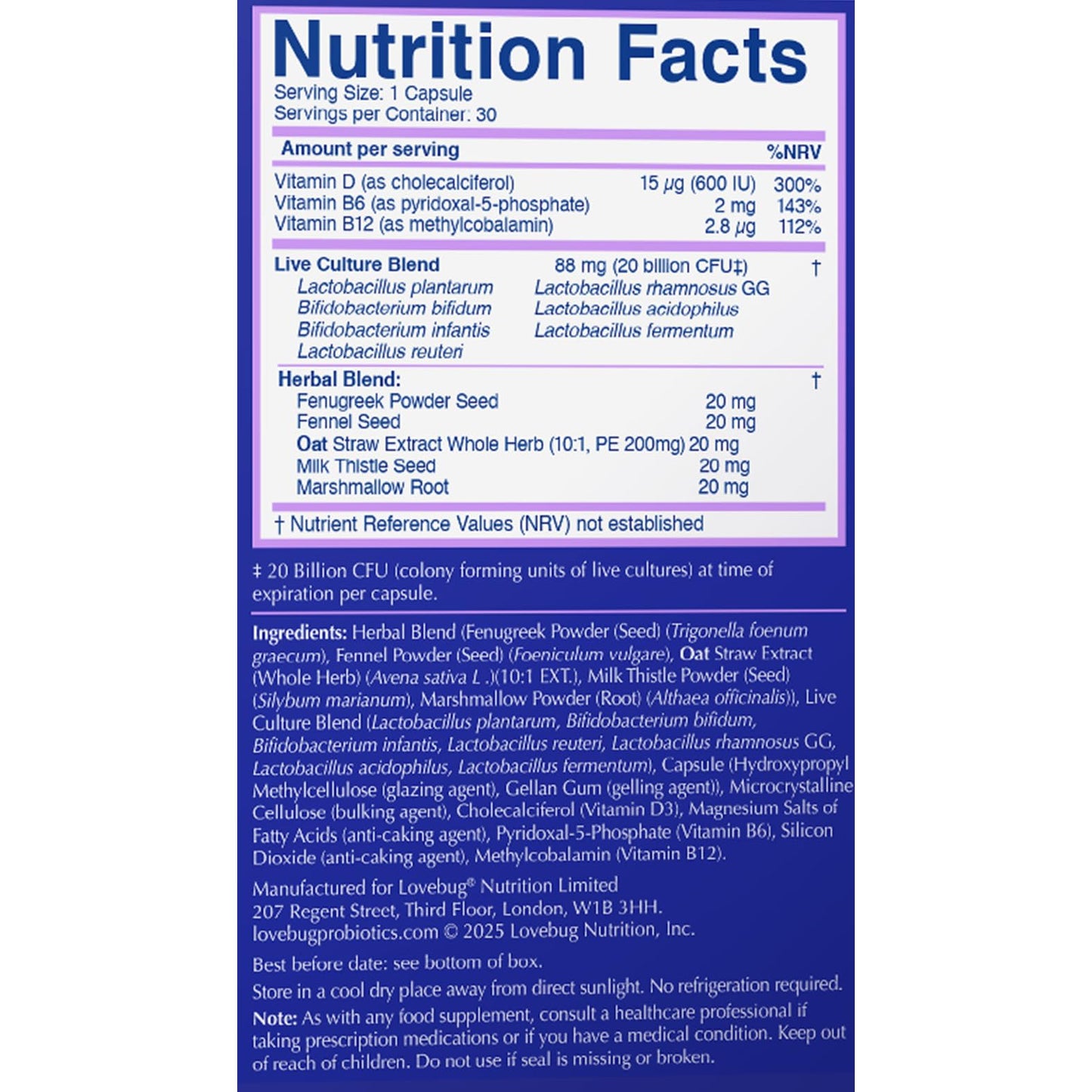 LOVEBUG Postnatal Probiotic Capsule, Multi-Strain 20 Billion CFU, 30 Capsules
