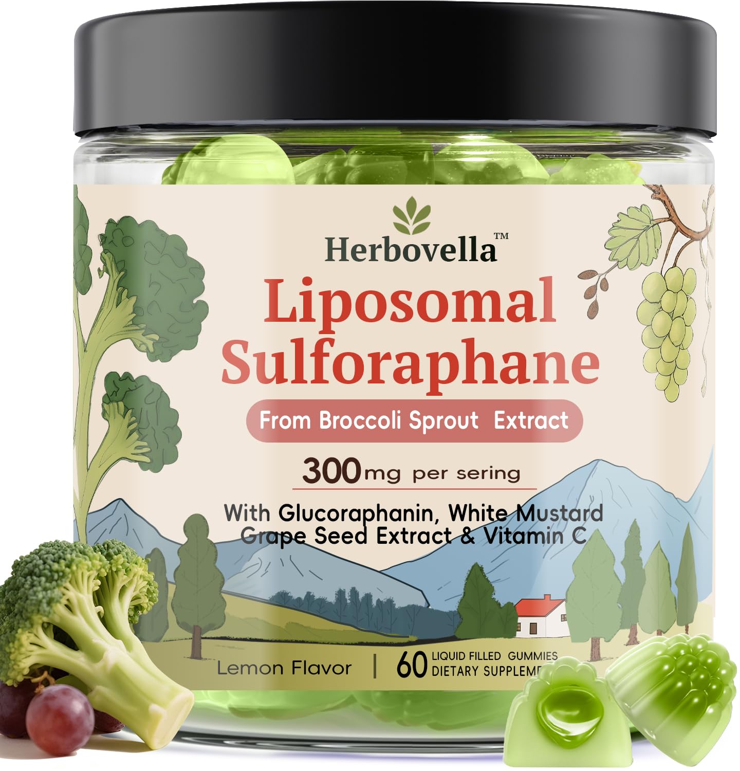 Herbovella Broccoli Sprout Liposomal Sulforaphane Gummies 300mg with Glucoraphanin, White Mustard & Vitamin C – Lemon Flavor, Sugar-Free, 60 Count