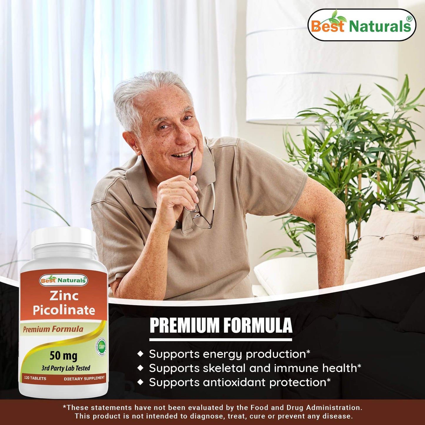 Best Naturals Zinc 50mg Supplements (as Zinc Picolinate) Tablets, 360 Count