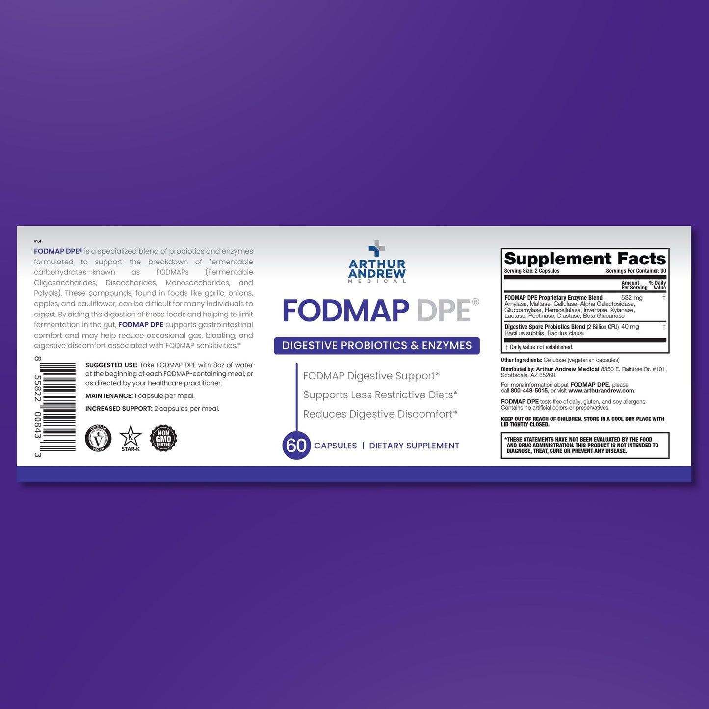Arthur Andrew Medical FODMAP DPE Digestive Probiotics and Enzymes Capsules, 180