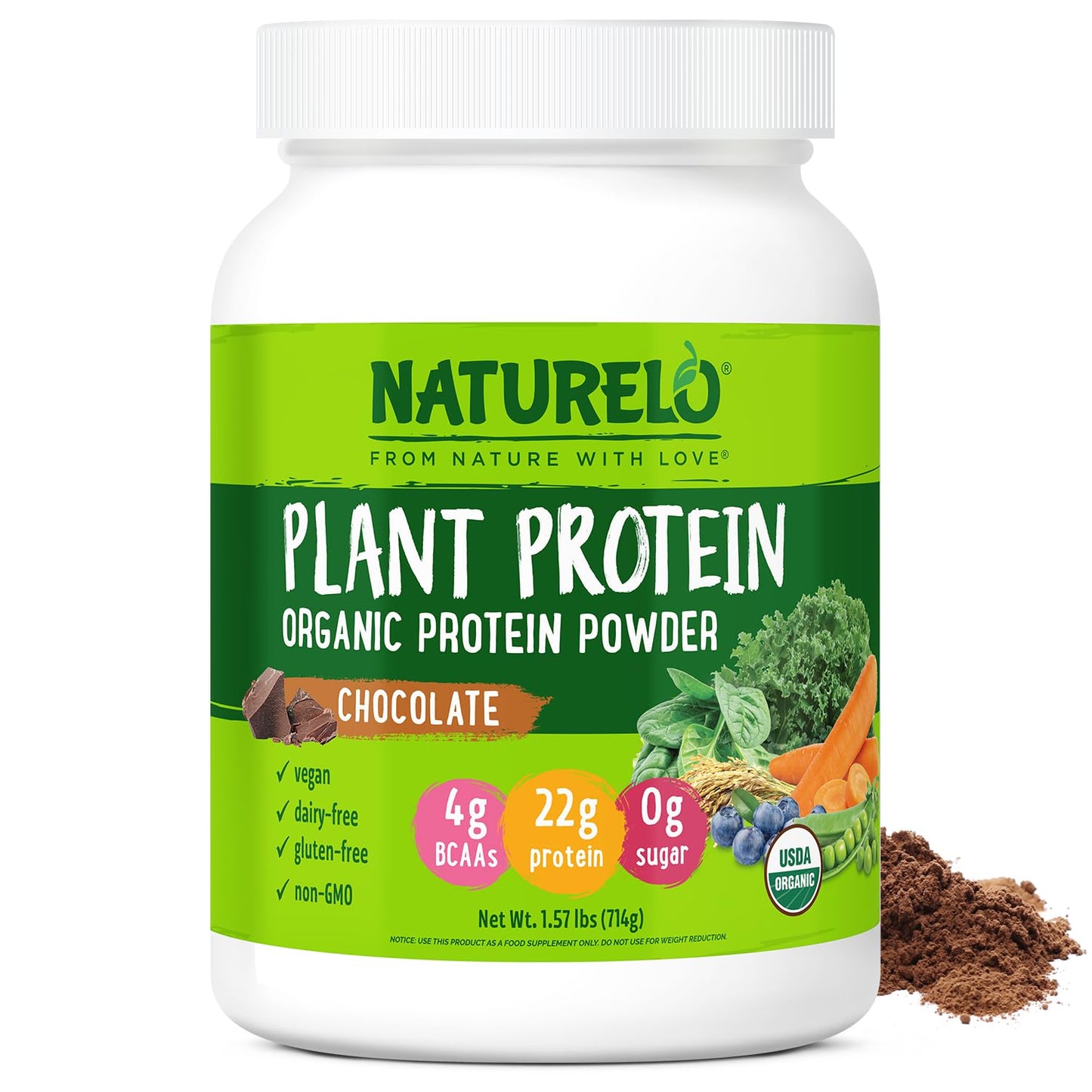 NATURELO Plant Protein Powder, Chocolate, 22g Protein per Serving, 20 Servings