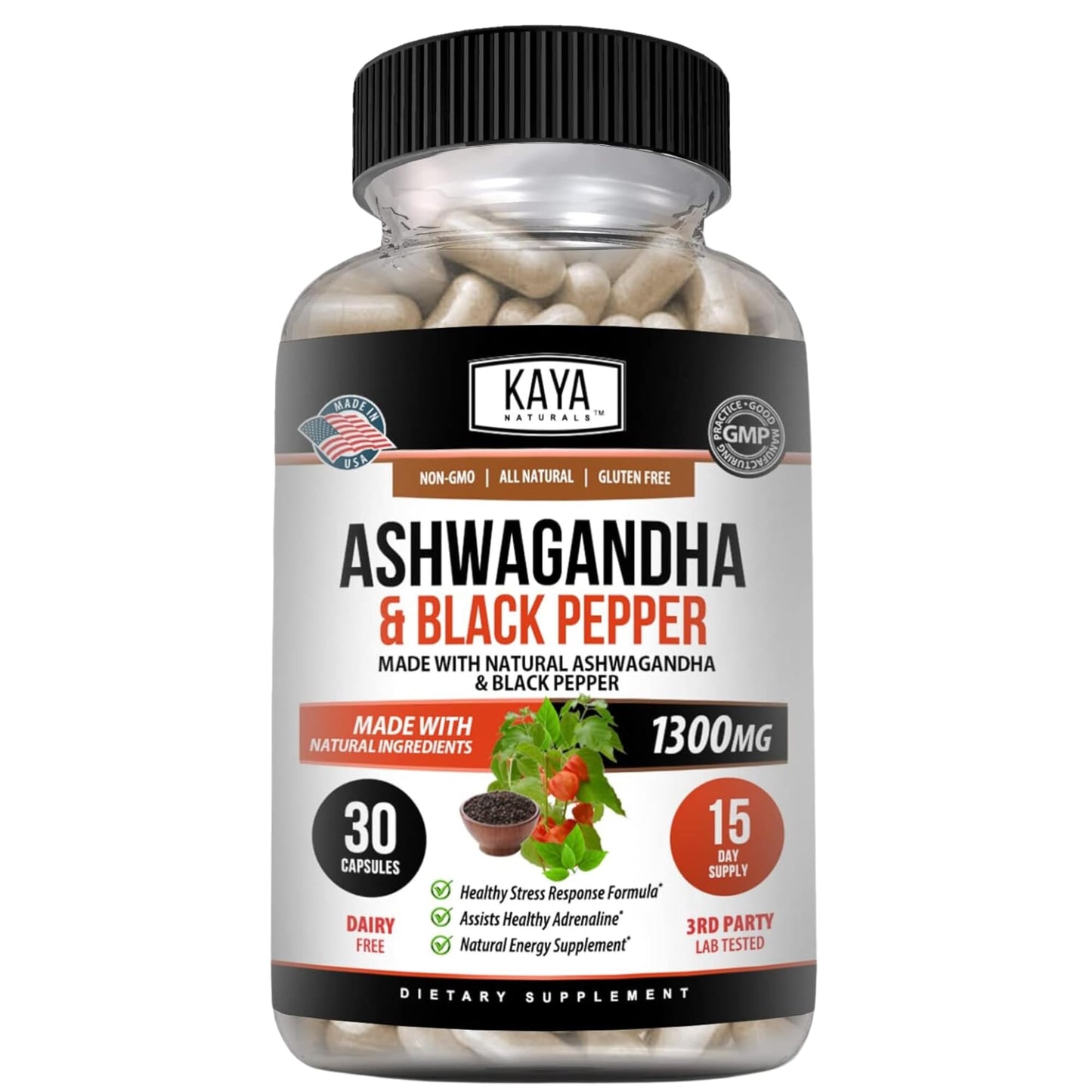 Kaya Naturals Ashwagandha Root with Black Pepper Capsules, 30 Count