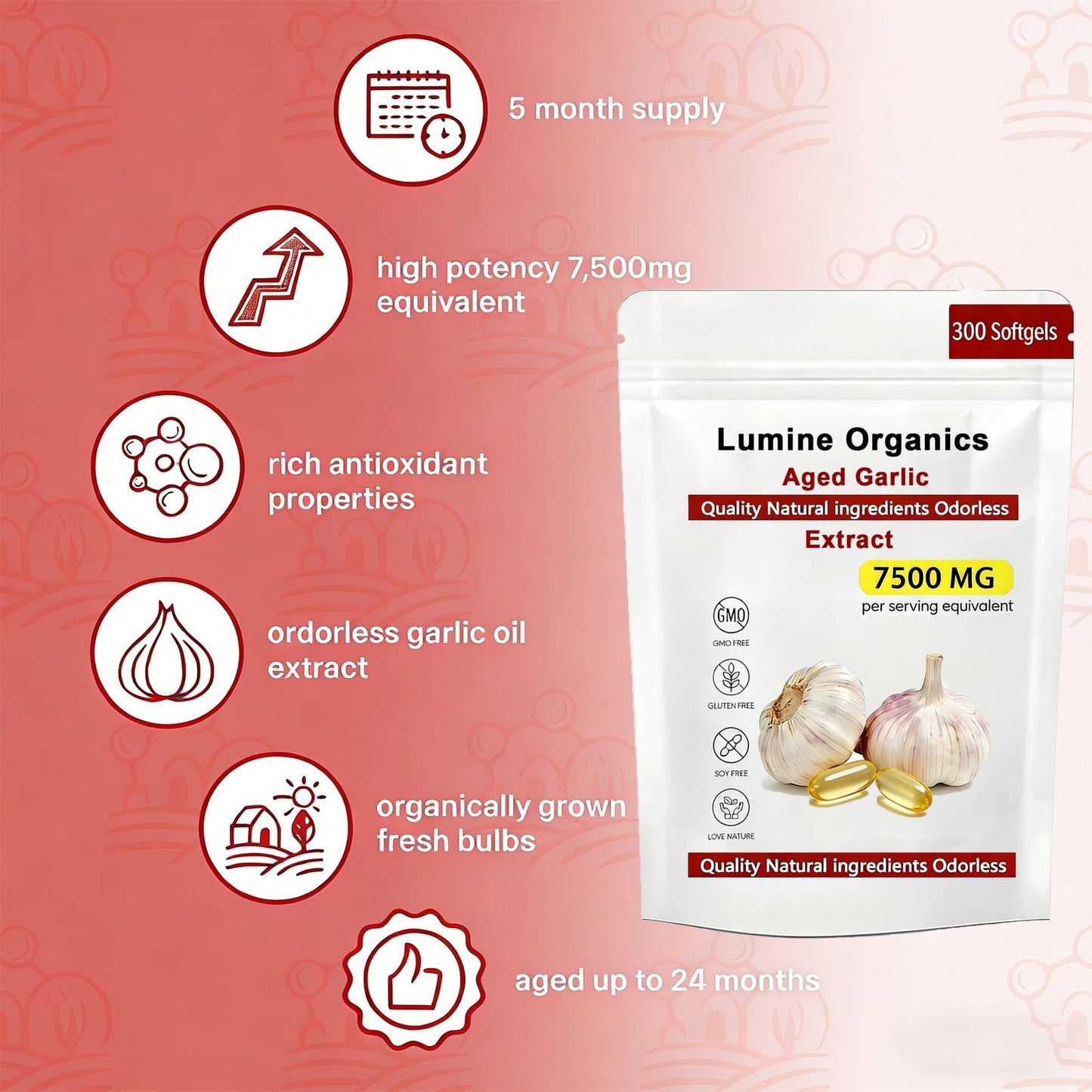 Lumine Organics Aged Garlic Extract Capsules, 500mg per Serving, Odorless, 300 Softgels, Vegetarian, 1 Count