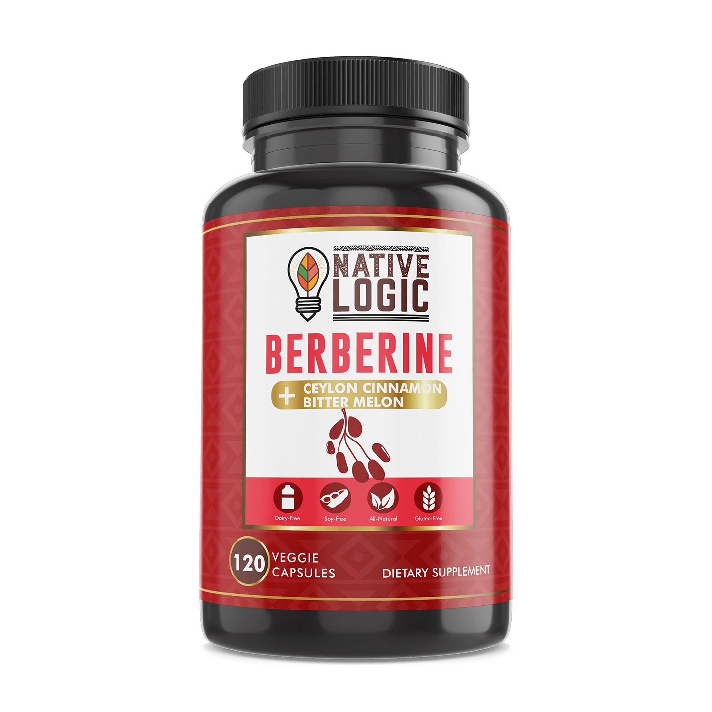 Native Logic Berberine HCL 1200mg with Ceylon Cinnamon, Bitter Melon, and Green Tea Extract Capsules, 120 Count
