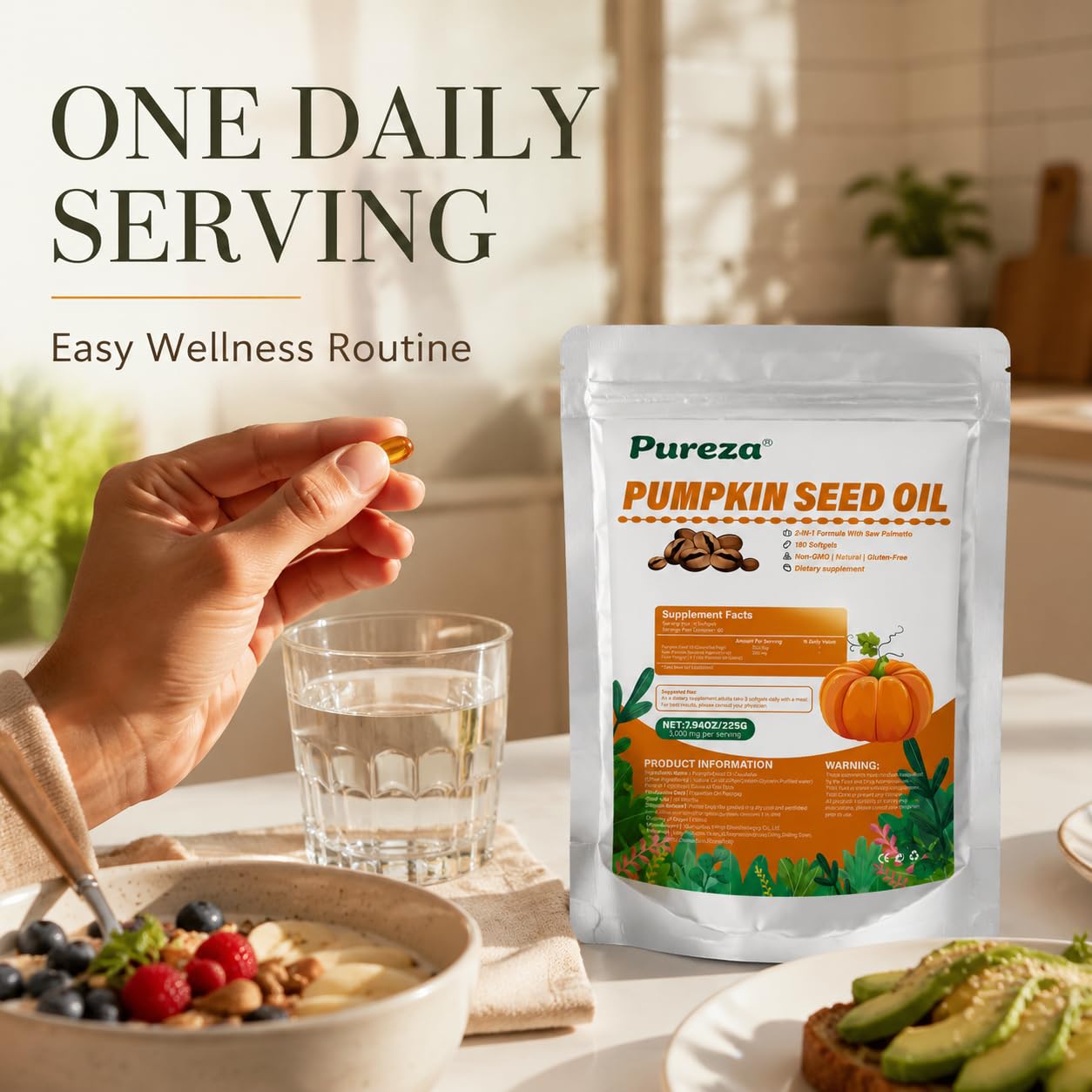 Pureza 2-in-1 Pumpkin Seed Oil Capsules 3000mg with Saw Palmetto Softgels, Plant-Based Formula, Supports Hair Growth, Hormonal Balance, Bladder Comfort & Restful Sleep, 2 Capsules