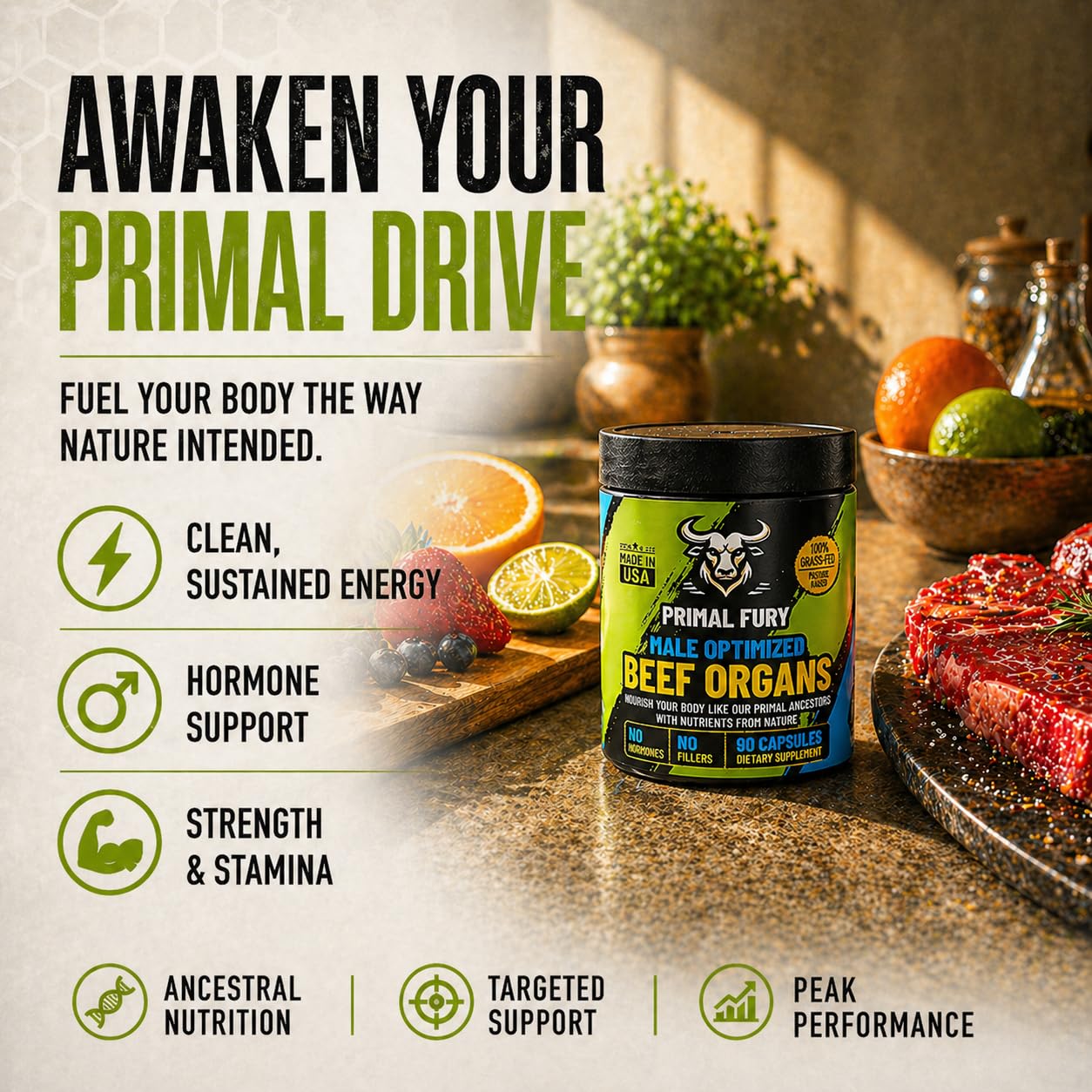 PRIMAL FURY Grass Fed Beef Organ Supplement for Men 90 Capsules