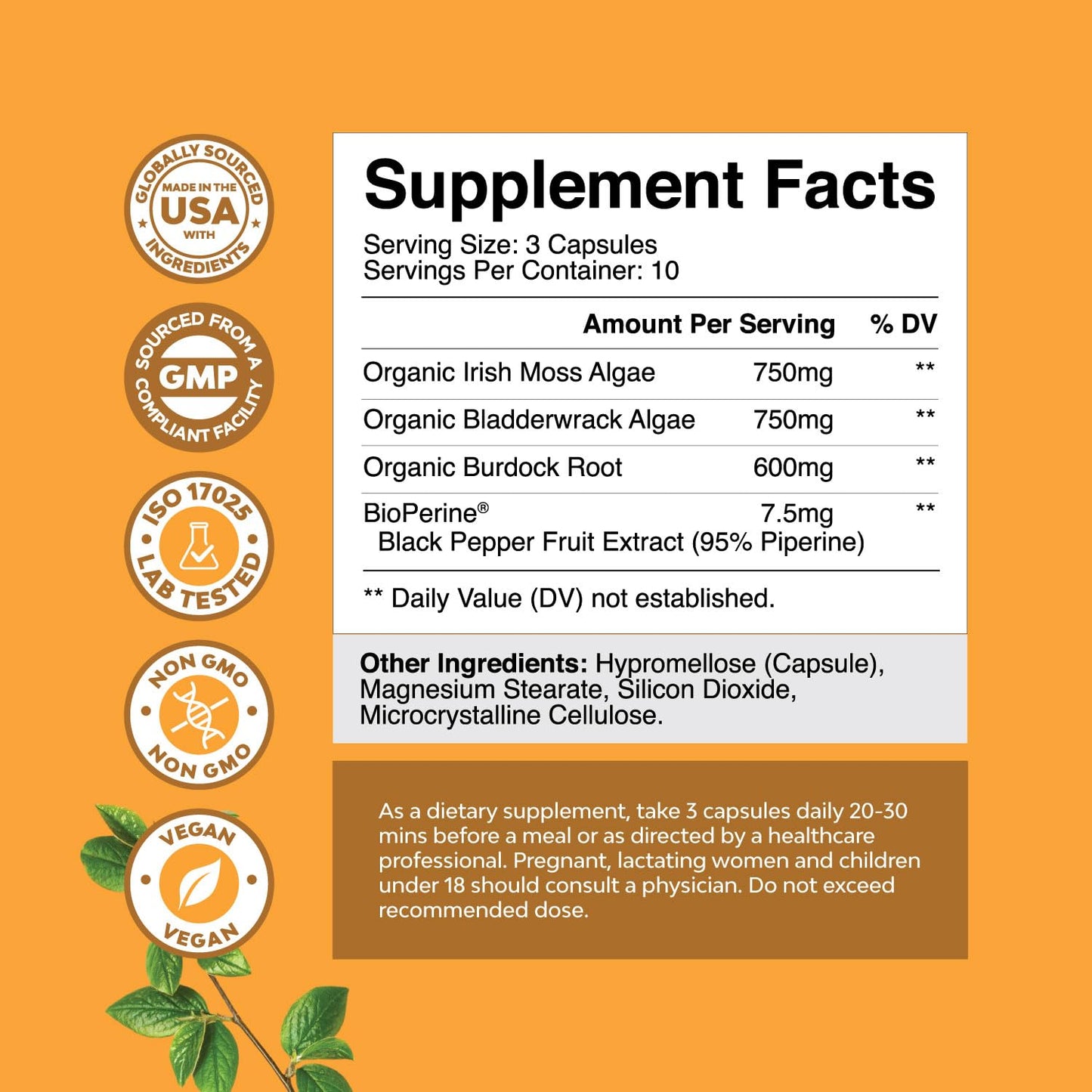 Natures Craft Irish Sea Moss Capsules with Bladderwrack and Burdock Root - Immune Support, Heart Health, Thyroid Support - 30 Capsules