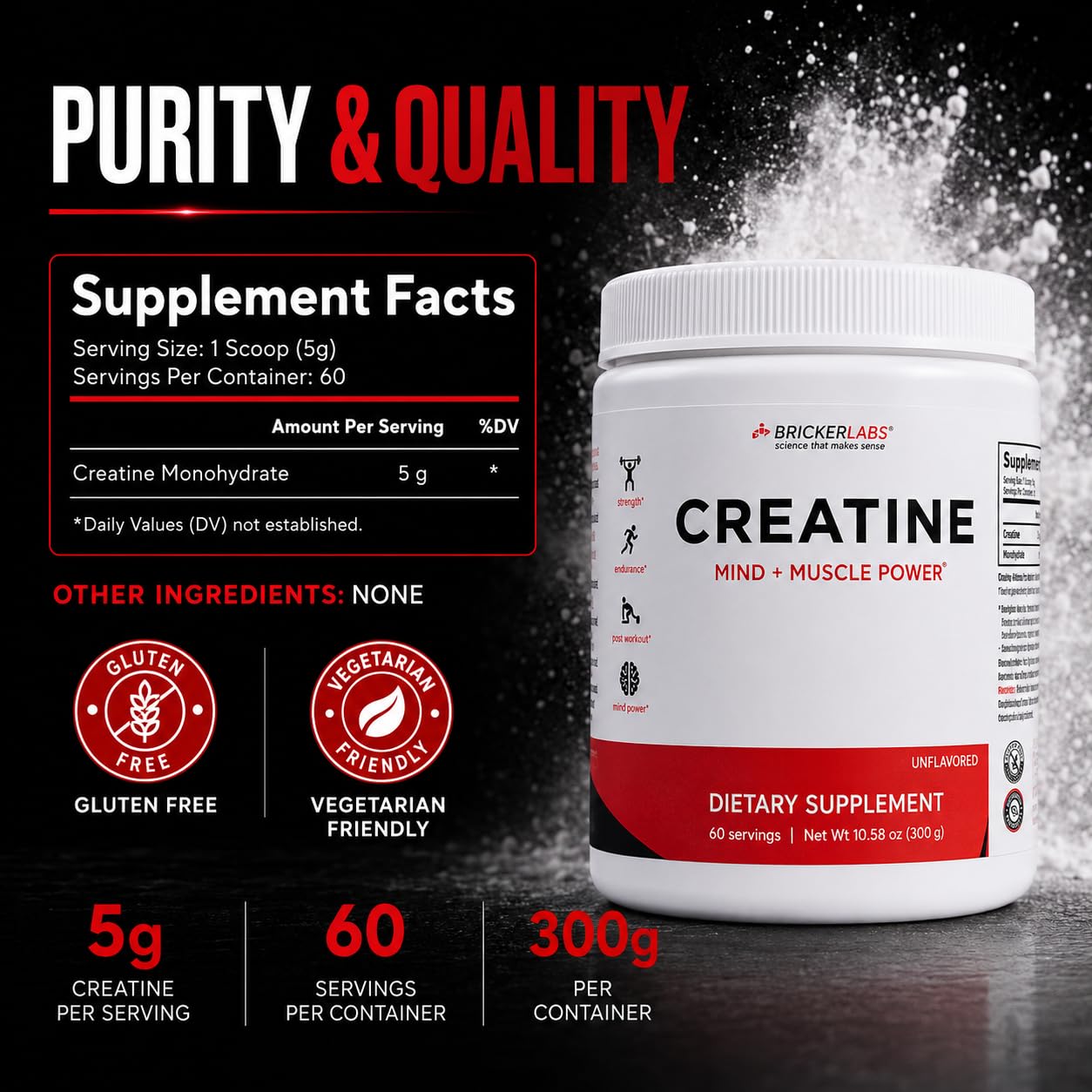 Bricker Labs Creatine Monohydrate Powder, 60 Servings