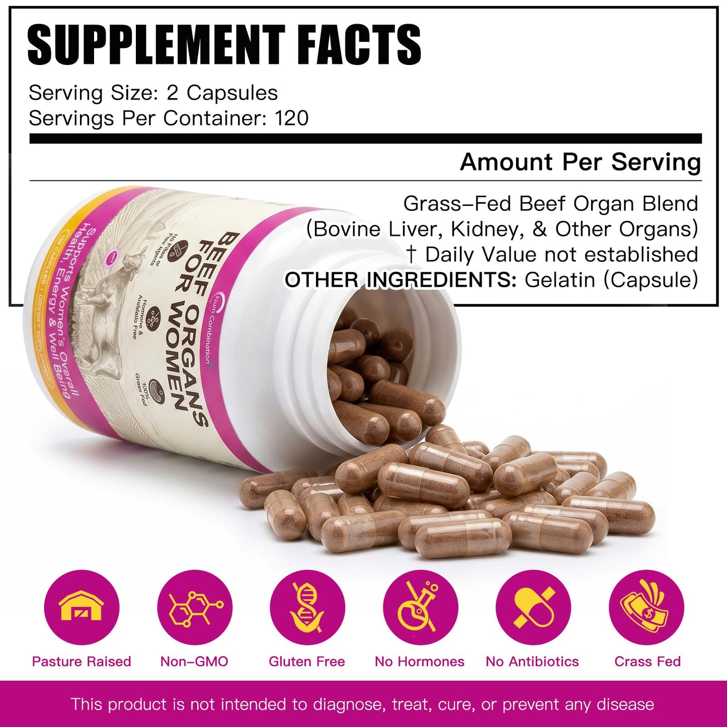 Vaairinyi Beef Organ Supplement for Women, Capsules, Grass-Fed Beef Liver with Kidney, Bone Marrow & Other Organs, Pasture Raised, 120 Capsules