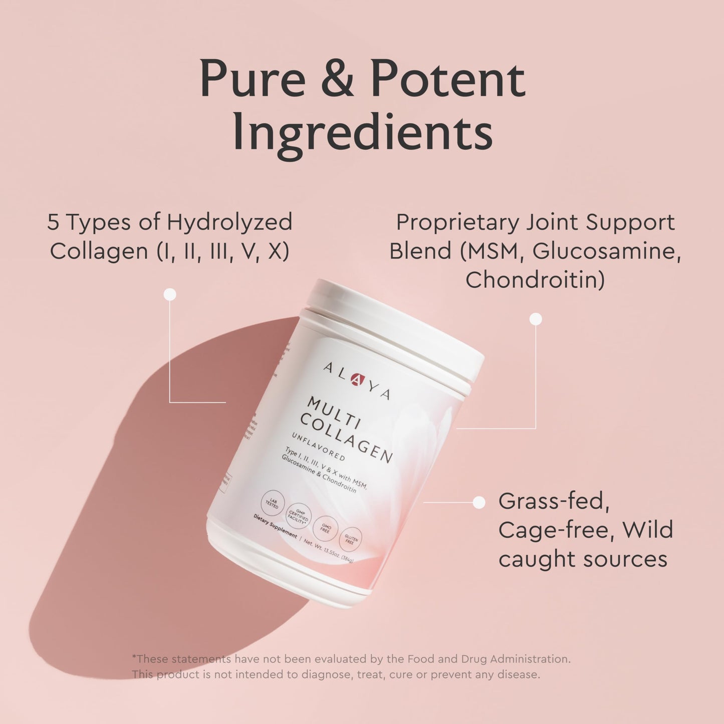 Alaya Naturals Multi Collagen Powder - Type I, II, III, V, X Hydrolyzed Collagen Peptides Protein Powder Supplement with MSM + GC (Unflavored) - 13.55 oz