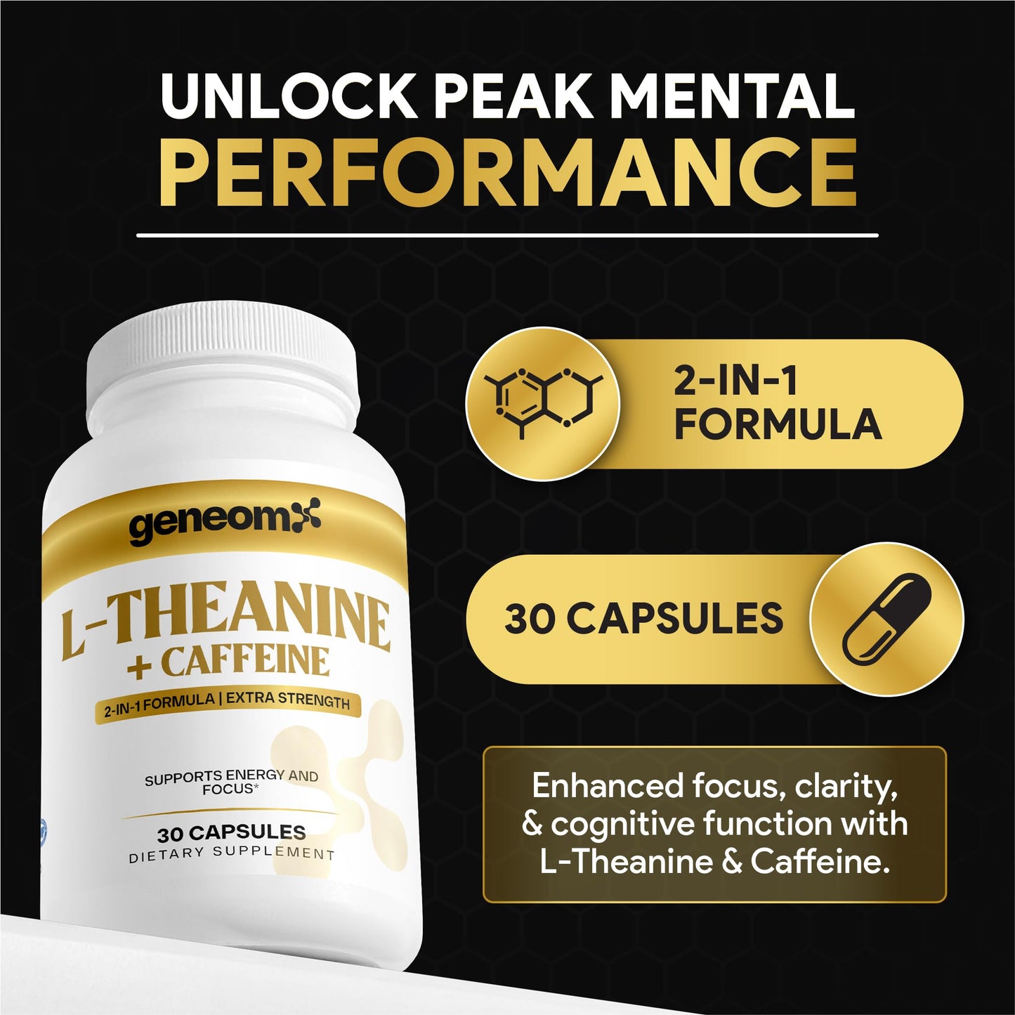 Geneomx L-Theanine + Caffeine Supplement Extra Strength 2-in-1 Formula for Mental Clarity, Energy and Focus with Natural Green Coffee Bean Extract Capsule, 30 Count
