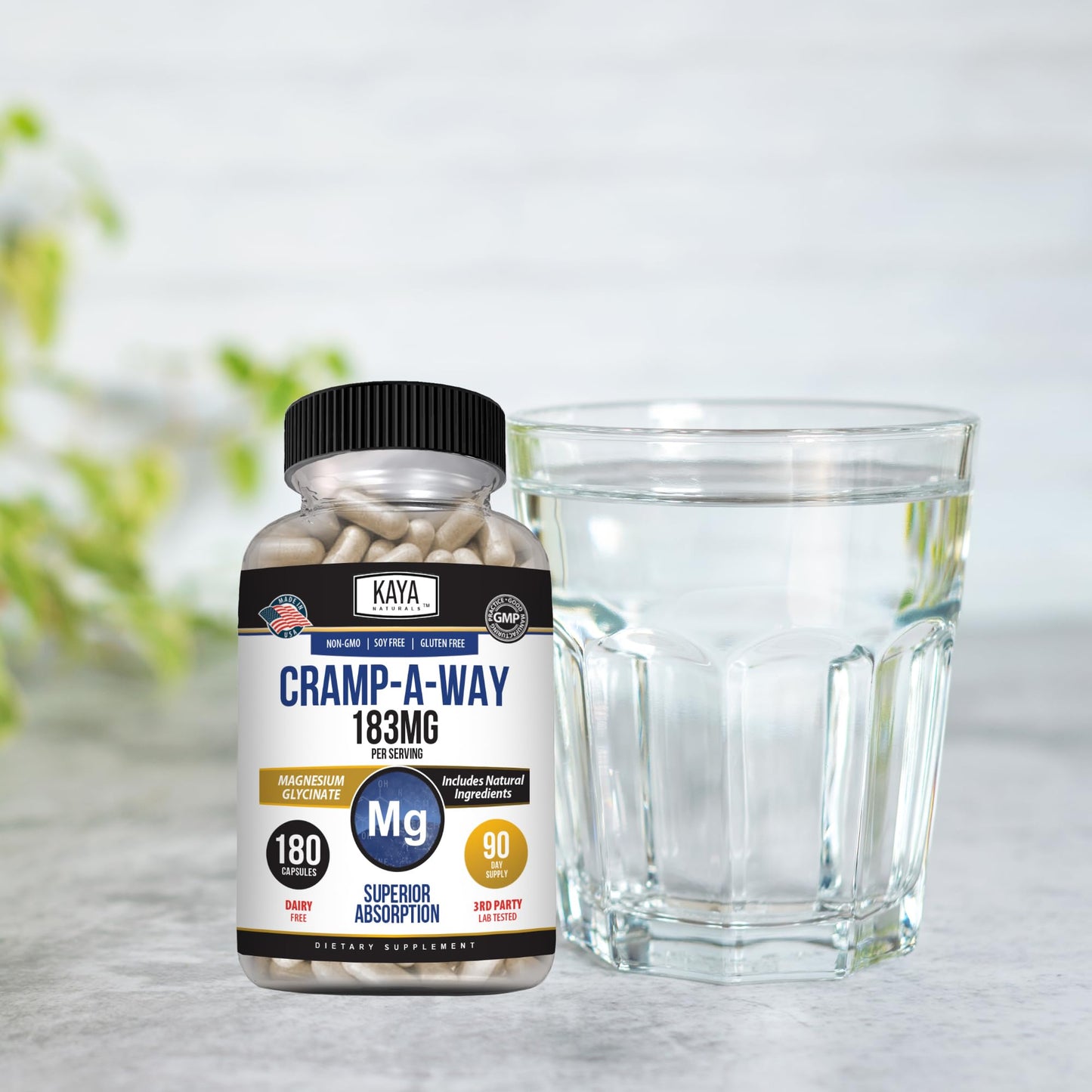 Kaya Naturals Cramp-A-Way Magnesium Glycinate 183mg Capsules, 180 Count