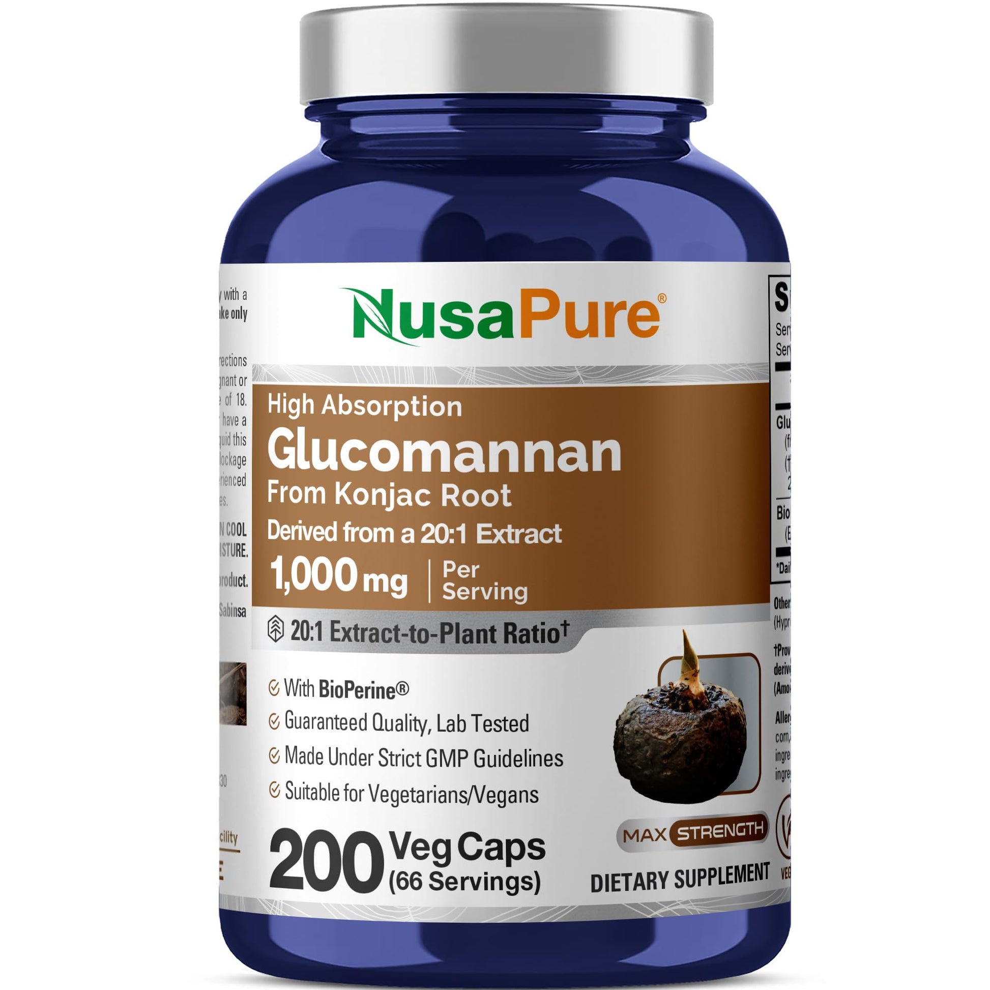 NusaPure Glucomannan (Konjac Root) 1000mg Capsules, 200 Count