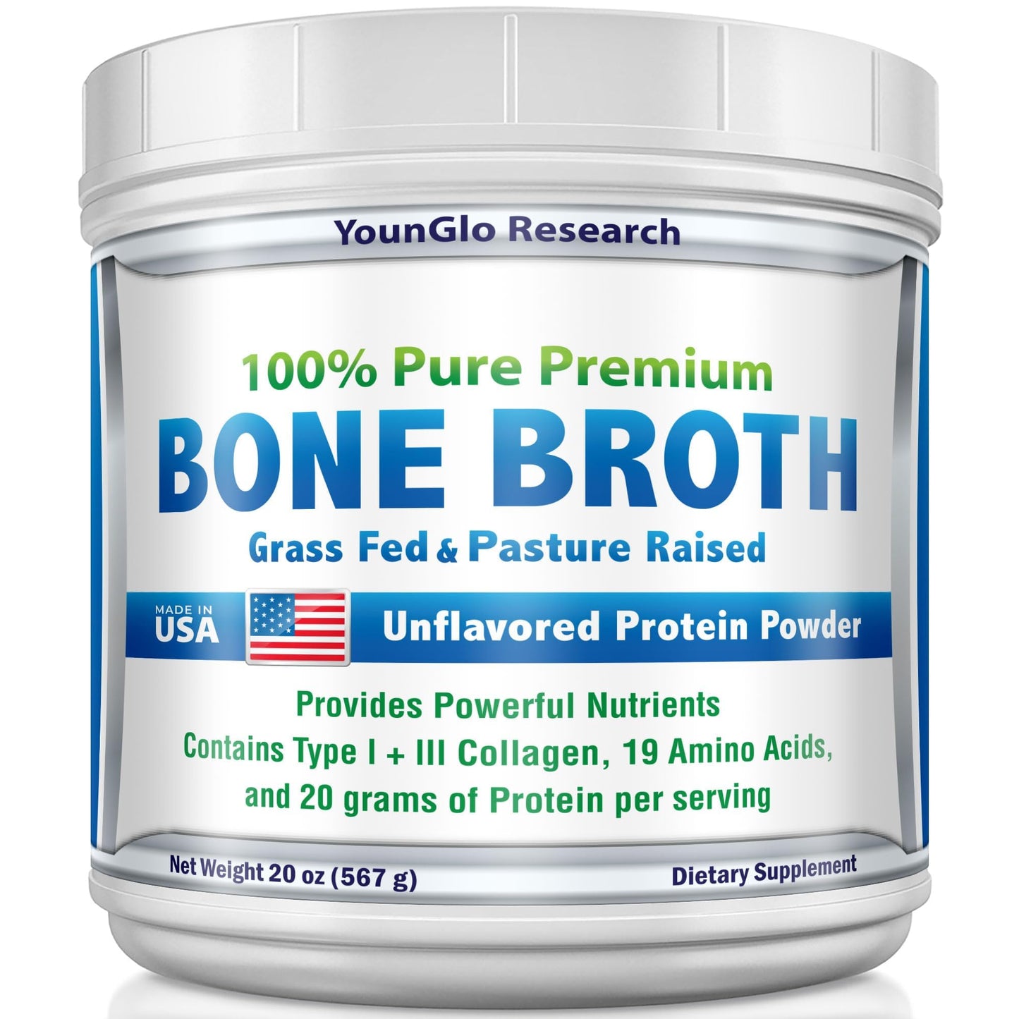 YounGlo Research Bone Broth Beef Protein Powder, 20 oz