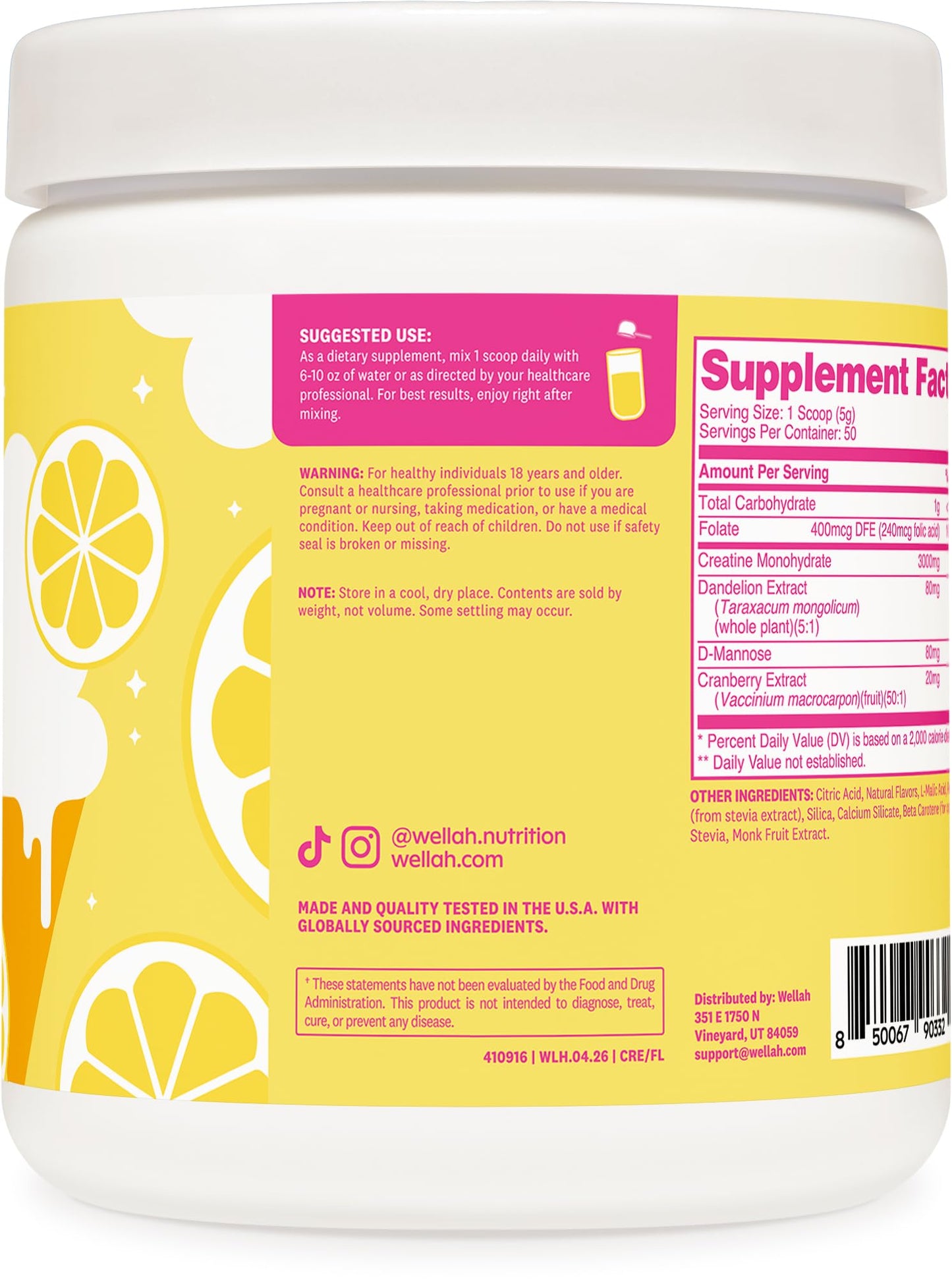 Wellah Creatine for Women - Creatine Monohydrate with Dandelion & Cranberry Extract, Powder, 50 Servings, 9.8