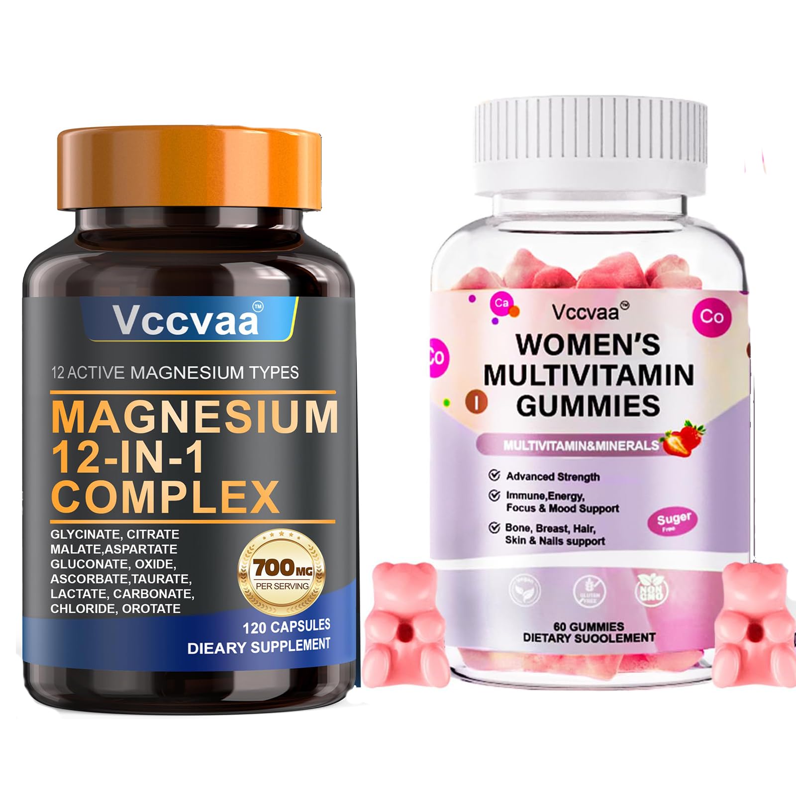 Vccvaa Magnesium Complex 700mg – 12-in-1 Sugar Free Multivitamin Gummies, 180 Count