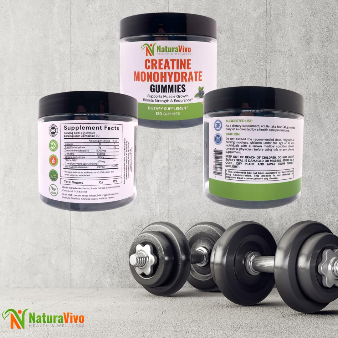 NaturaVivo Health & Wellness Creatine Monohydrate Gummies 5000mg, 120 Count