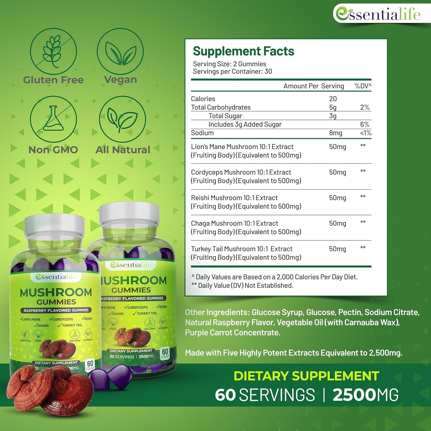 Essentialife Mushroom Gummies Lions Mane Supplement, 180 Count