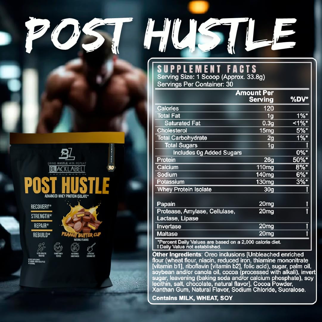 BLACKLABEL Supplements Post Hustle Post Workout Protein Powder Whey Protein Isolate Powder with Digestive Enzymes Peanut Butter Cup, 40 Servings